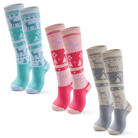 Qterdiz Ski Socks Kids Girls Winter Warm Snowboarding Socks for Boys Girls Thick Thermal Skating Socks 3 Pack Christmas Deers 8-10 Years