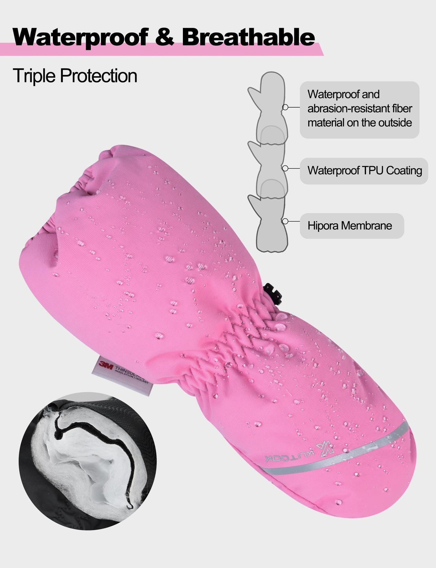 KUTOOK Kids Winter Gloves Boys Ski Mittens Waterproof Winter Kids Ski Gloves Girls Pink S 4-6 years