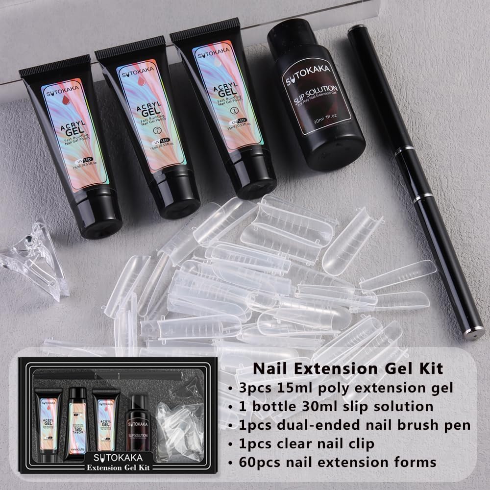 SUTOKAKA Poly Extension Gel Nail Kit, White Nude Pink Builder Gel Nail Enhancement Gel with Slip Solution Dual-Ended Brush, Nail Dual Forms for Polygel Nail Art Salon DIY at Home Beginner Kit