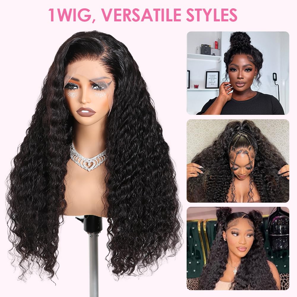 Ebarly Hidden Strap Water Wave 360 Glueless Wigs Human Hair Pre Plucked Pre Bleached Human Hair Wig With Drawstring 180 Density Wet and Wavy HD Full Lace Front Wigs Human Hair 26 inch