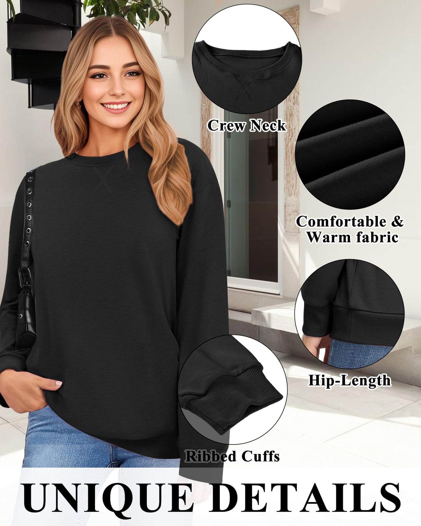 ZENUTA Sweatshirt for Women, Casual Crewneck Sweatshirts Women Loose Fit Long Sleeve Pullover Tops Cute Soft Shirt, M, Black