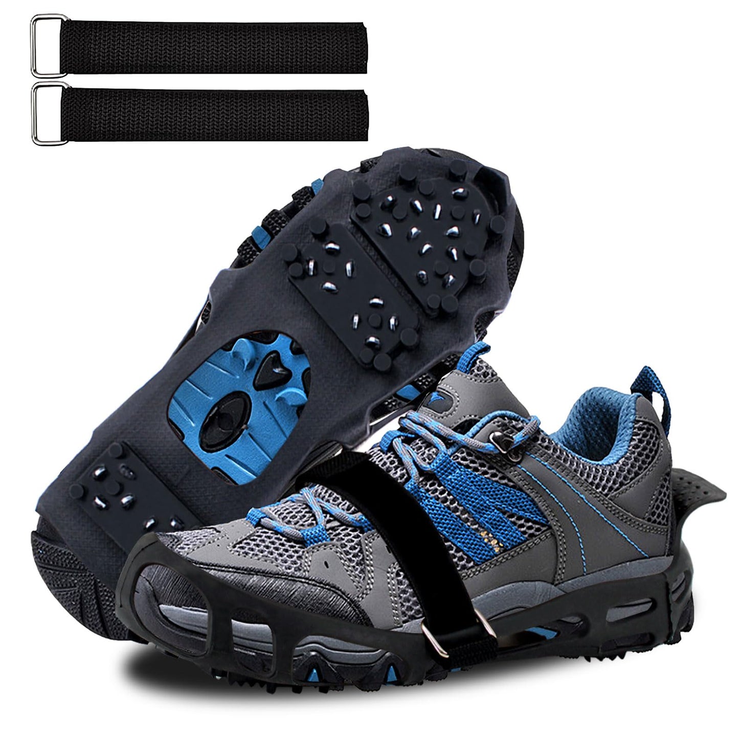 MOVOYEE Ice Cleats for Shoes and Boots Women Men, Crampons for Hiking Boots Climbing Fishing Running, Rubber Stainless Steel Studs Traction Anti Slip Grips Spikes for Shoes On Ice Snow Winter Walking