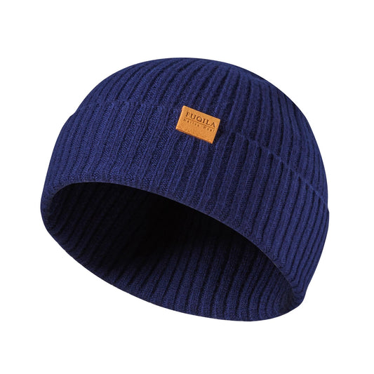 FUQILA 100% Merino Wool Fisherman Beanie Hat, Unisex Warm Winter Hats, Soft Breathable & Cozy Stretchy Knitted Short Cuffed Cap (Dark Blue)