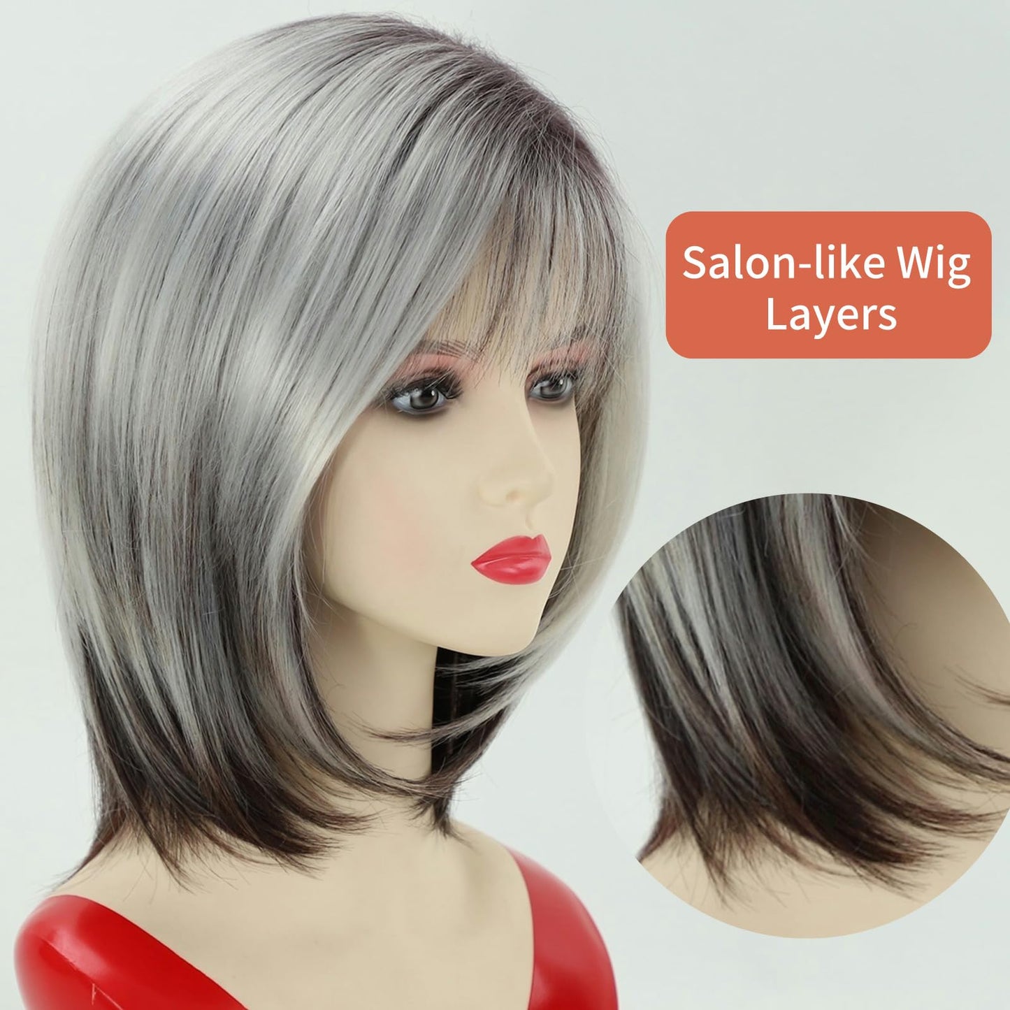 RENERSHOW Medium Length Bob Wig with Bangs for White Women Layered Blonde Balayage Bob Straight Hair Wig Natural Synthetic Hair Replacement Wig Ombre Platinum with Brown Wig