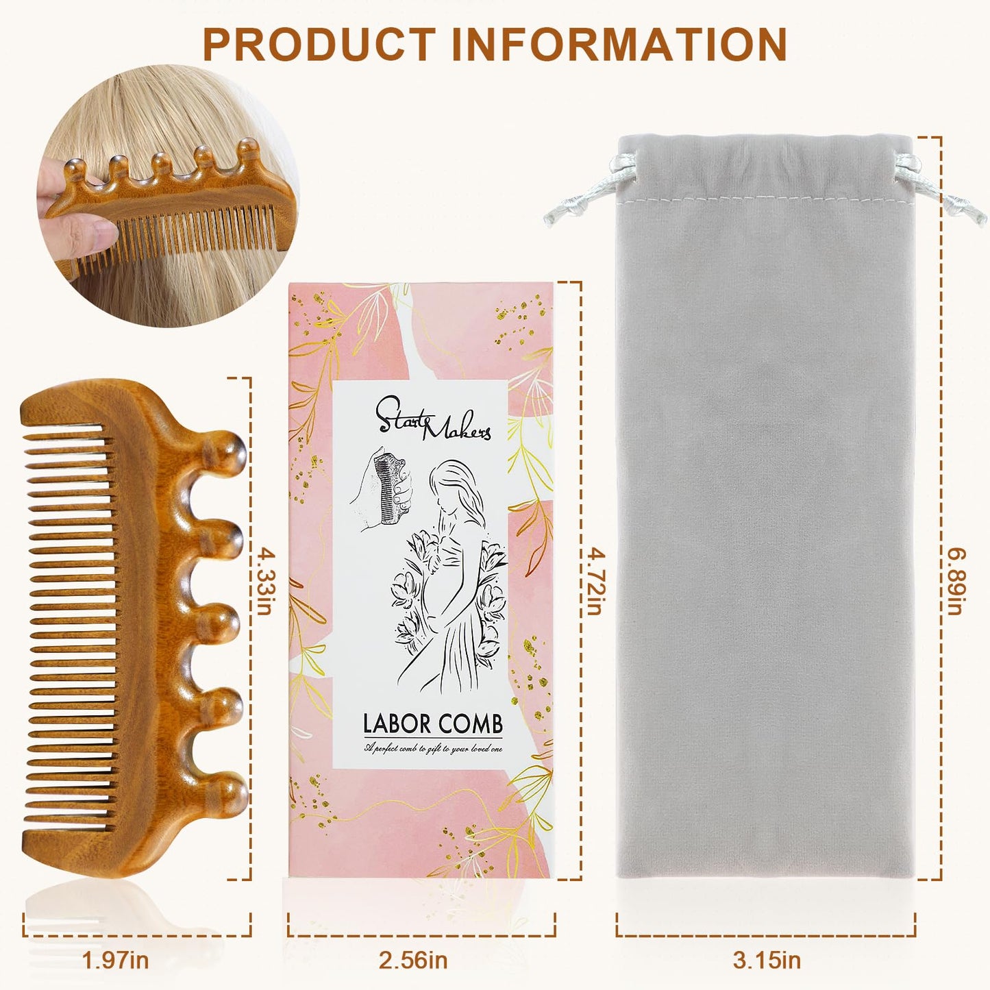 START MAKERS Birthing Comb for Labor Pain Relief, Natural Wooden Comb for Women Labor and Delivery Essentials Labor Comb With Cloth Bag and Box, Pregnancy Gifts for Expecting Mom, Christmas Gift