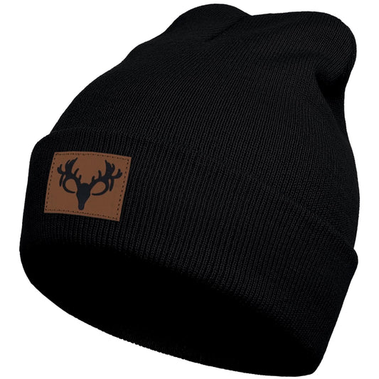 gswirmchsq Deer Hunting Beanie Hat Black, Cute Funny Leather Patch Winter Knit Skull Cap Hunting Gifts for Adult Men Women