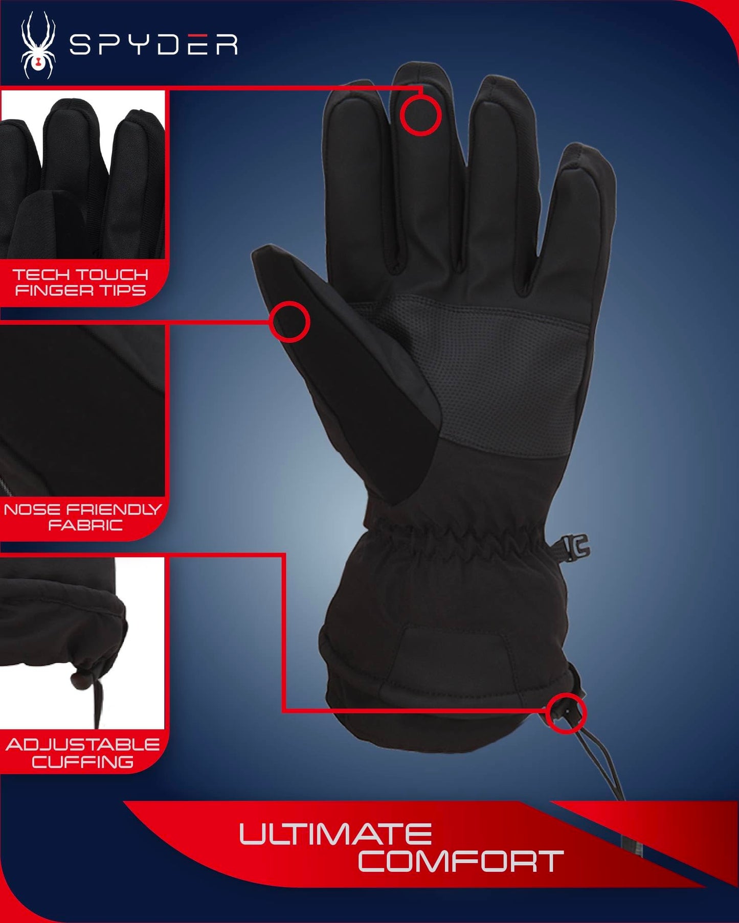 Spyder Men's Ski Gloves - Super Soft Mountain Ski Insulated Gloves for Men - Men's Winter Gloves & Hand Warmers (M-XL), Size Large, Black