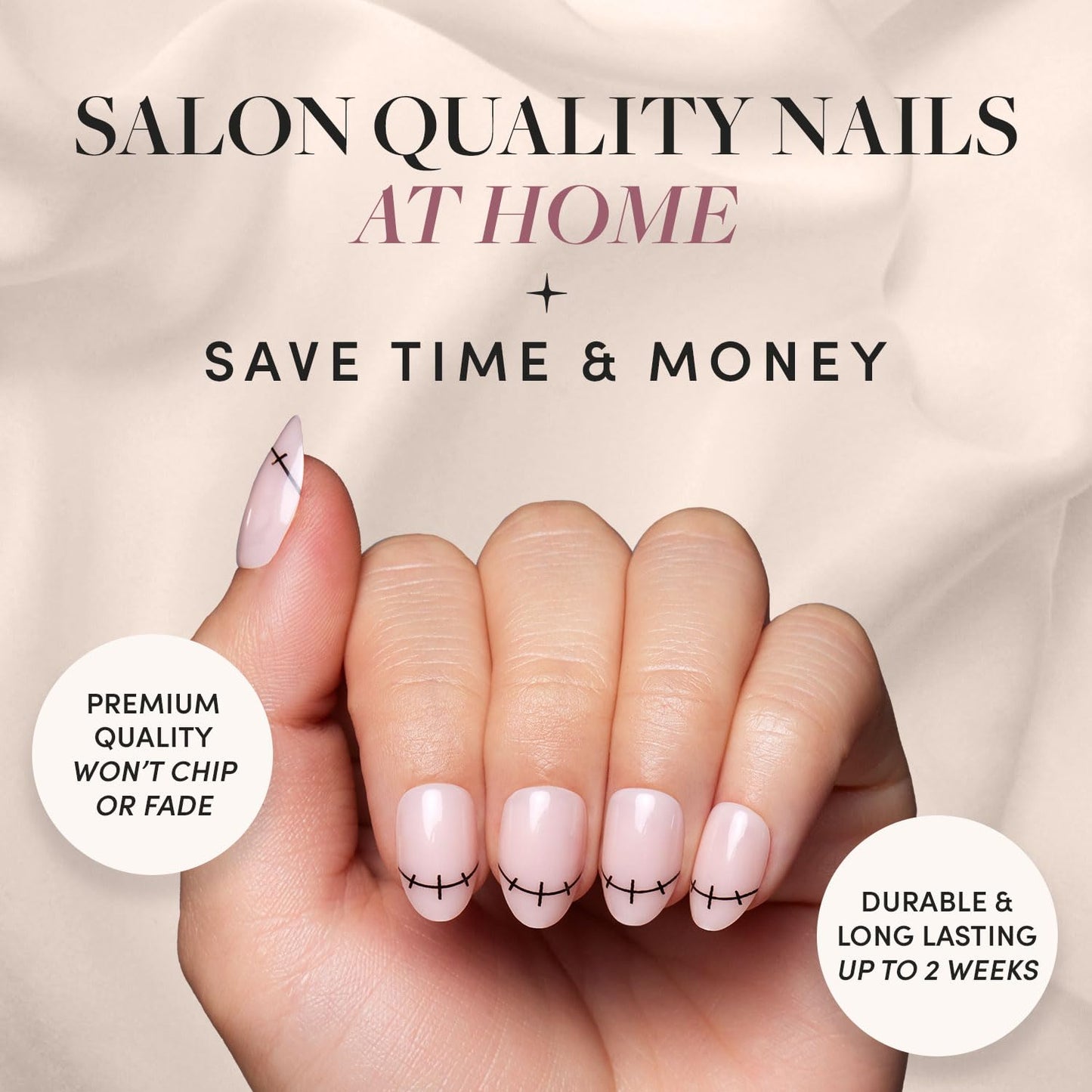 Glamnetic Press On Nails - Frankenbabe | Semi-Transparent Stitched Tip Graphic Short Oval False Halloween Nails, Reusable Stick On Fake Nails with Glue | Salon Quality | 15 Sizes - 30 Nail Kit