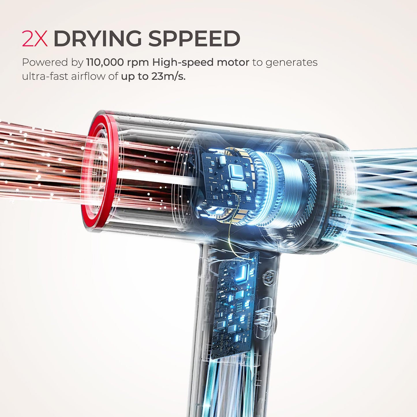 TYMO Hair Dryer with Diffuser, 1500W High-Speed Professional Blow Dryer with Comb for Fast Drying, 110,000RPM Brushless Motor, 200 Million Ionic Hairdryer Zero Damage, 3 Speeds & 4 Temps, Low-Noise