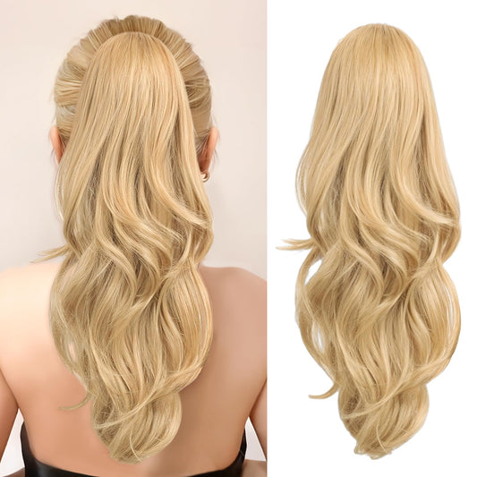CHRSHN Blonde Ponytail Extension, 20 Inch Drawstring Ponytail Extension for Women Long Blonde Wavy Layered Pony Tails Hair Extensions Synthetic Clip in Ponytail Hairpiece for Women(27/613)