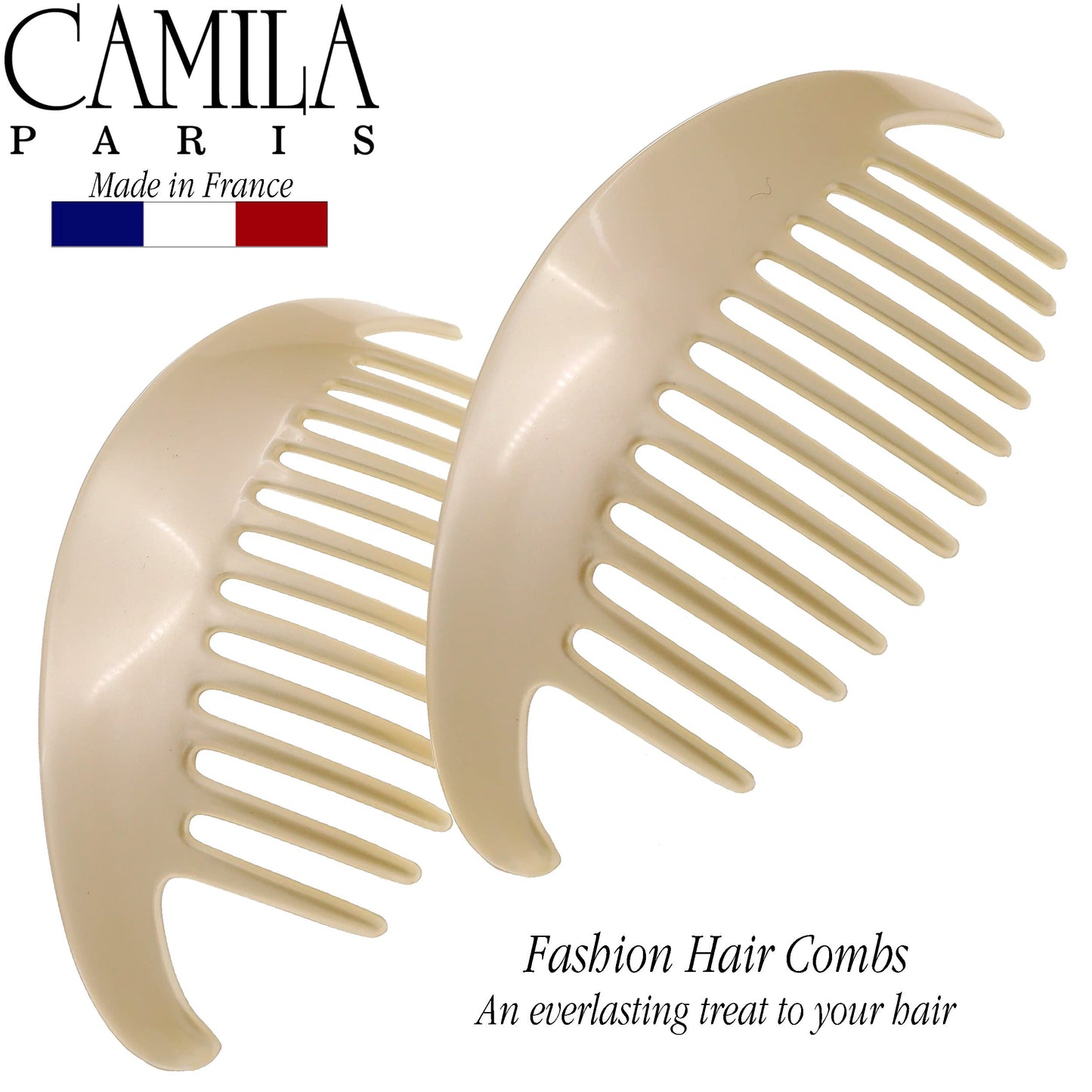 Camila Paris CP3016 French Hair Side Combs, Beige Pearl Interlocking Combs French Twist Hair Combs, Strong Hold Hair Clips for Women Bun Chignon Up-Do, Styling Girls Hair Accessories, Made in France