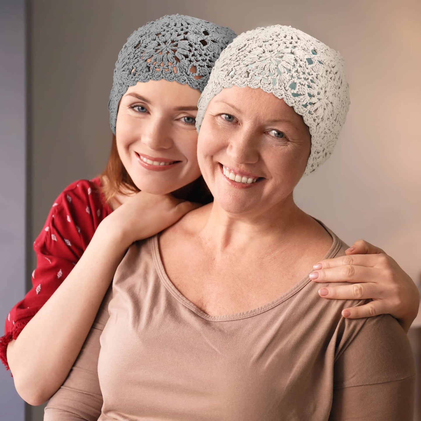 2 Pieces Floral Crochet Slouchy Beanie Hat Handmade Knit Cutout Women Floral Skull Cap Stretchy Knitted Crochet Hat for Women (Beige, Gray)