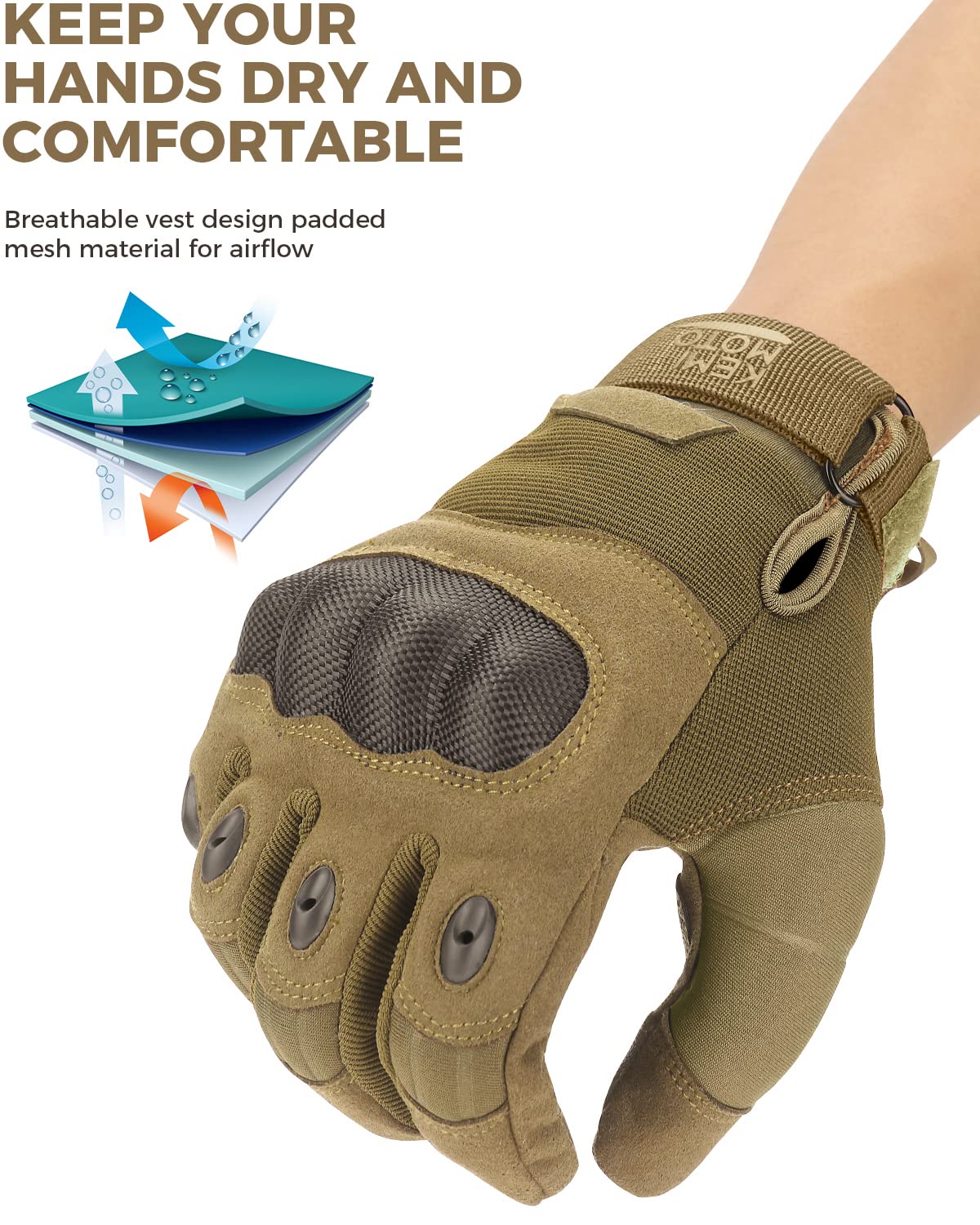KEMIMOTO Tactical Gloves for Men, Touchscreen Motorcycle Gloves with Hard Shell & Palm Padding for Sports Motorcycle Cycling Tactical Airsoft Paintball Hunting Hiking Camping Climbing (Brown,Large)