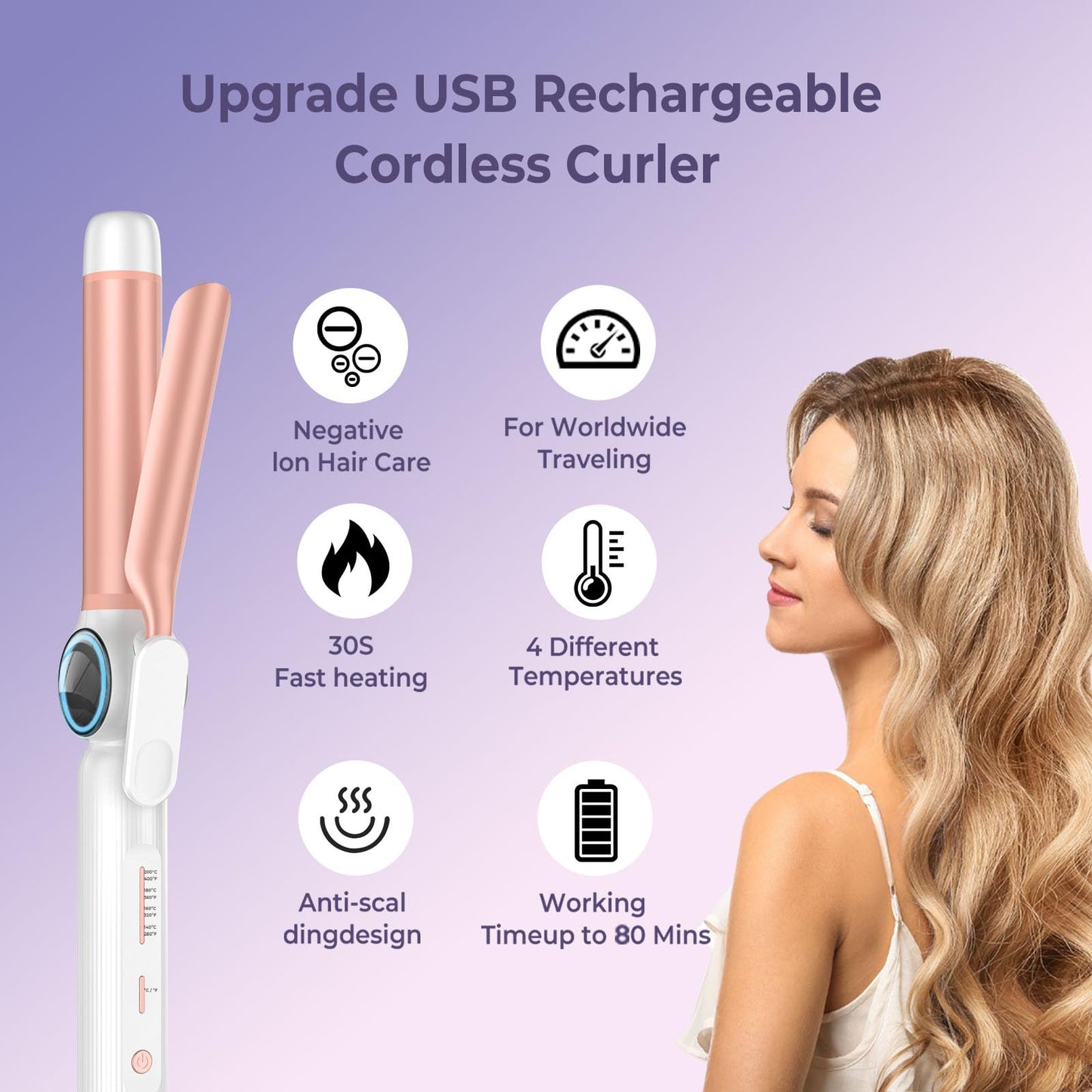 Cordless Curling Iron 9000 mAhUSB Rechargeable, 4 Temps Setting Cordless Hair Curlers, 280°F-400°F Travel Cordless Curling Wand, Wireless Ceramic Hair Styling Tools Hot Rollers Hair Curlers