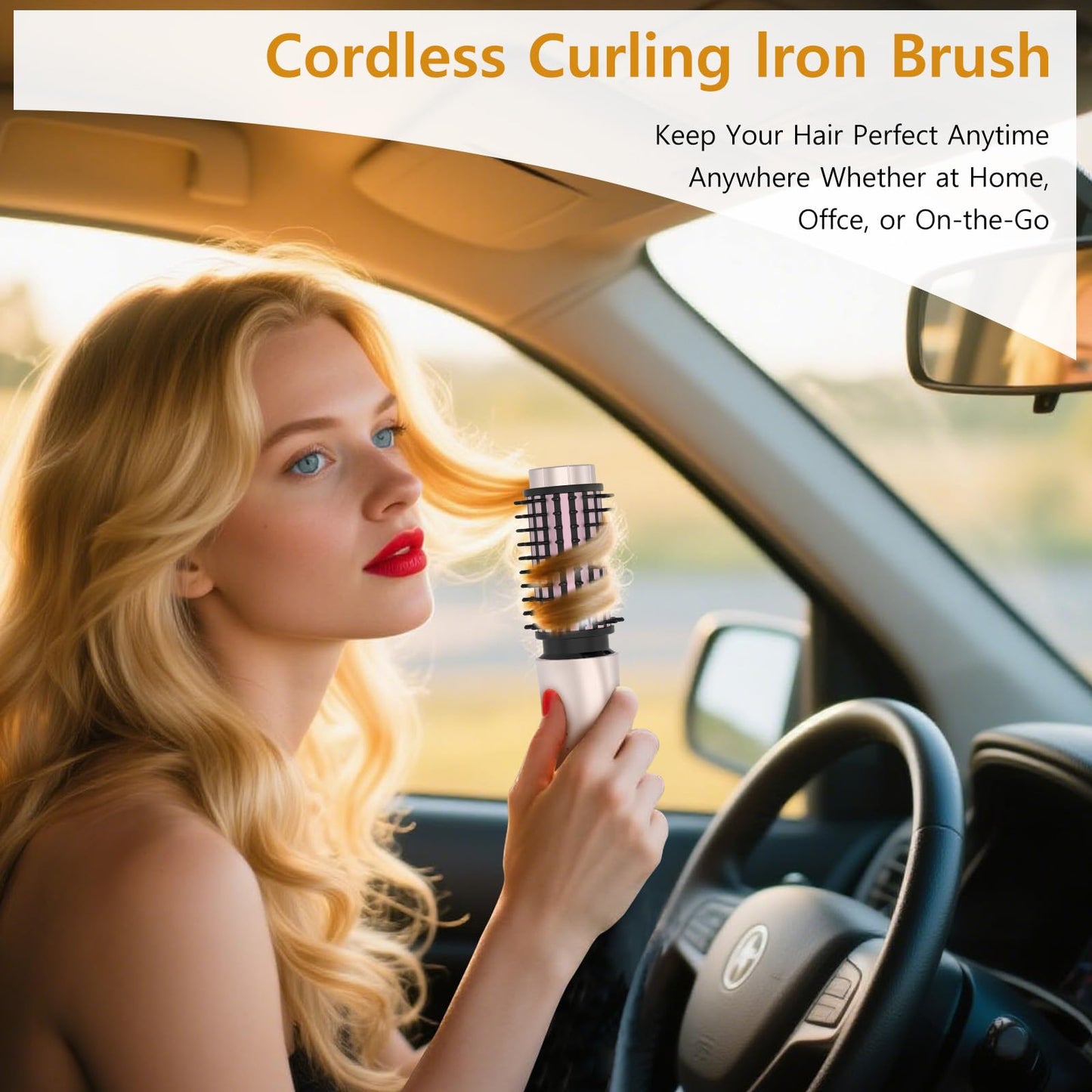 Cordless Curling Iron Rechargeable, Portable Travel Curling Iron Brush, 3-in-1 Hair Straightener Brush, Heated Round Curling Wand, 4 Temperature 7000mah Hair Curler Tool for Women - Rose Gold