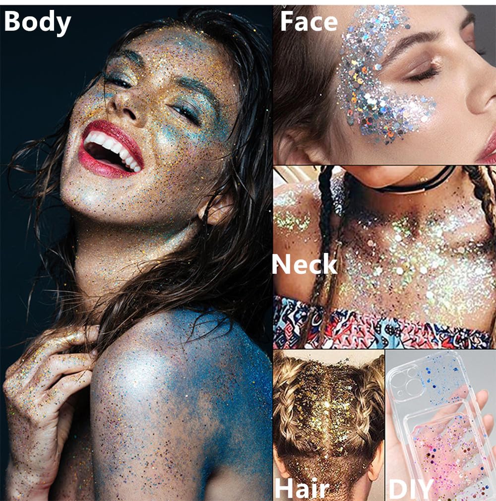 Go Ho Hot Pink Face Body Glitter Gel,Singer Concerts Hot Pink Face Paint Makeup,Holographic Chunky Sequins Glitters for Eye Lip Hair Nails,Festival Rave Accessories,52g