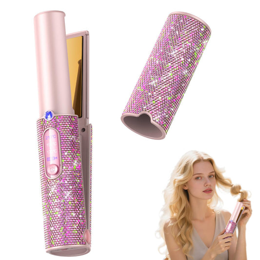 Feitenn Cordless Hair Straightener and Curler – Premium Diamond Design, 5000mAh Rechargeable, Type-C Fast Charging, 3 Heat Settings, Portable Flat Iron for Travel & Home Use (Pink)
