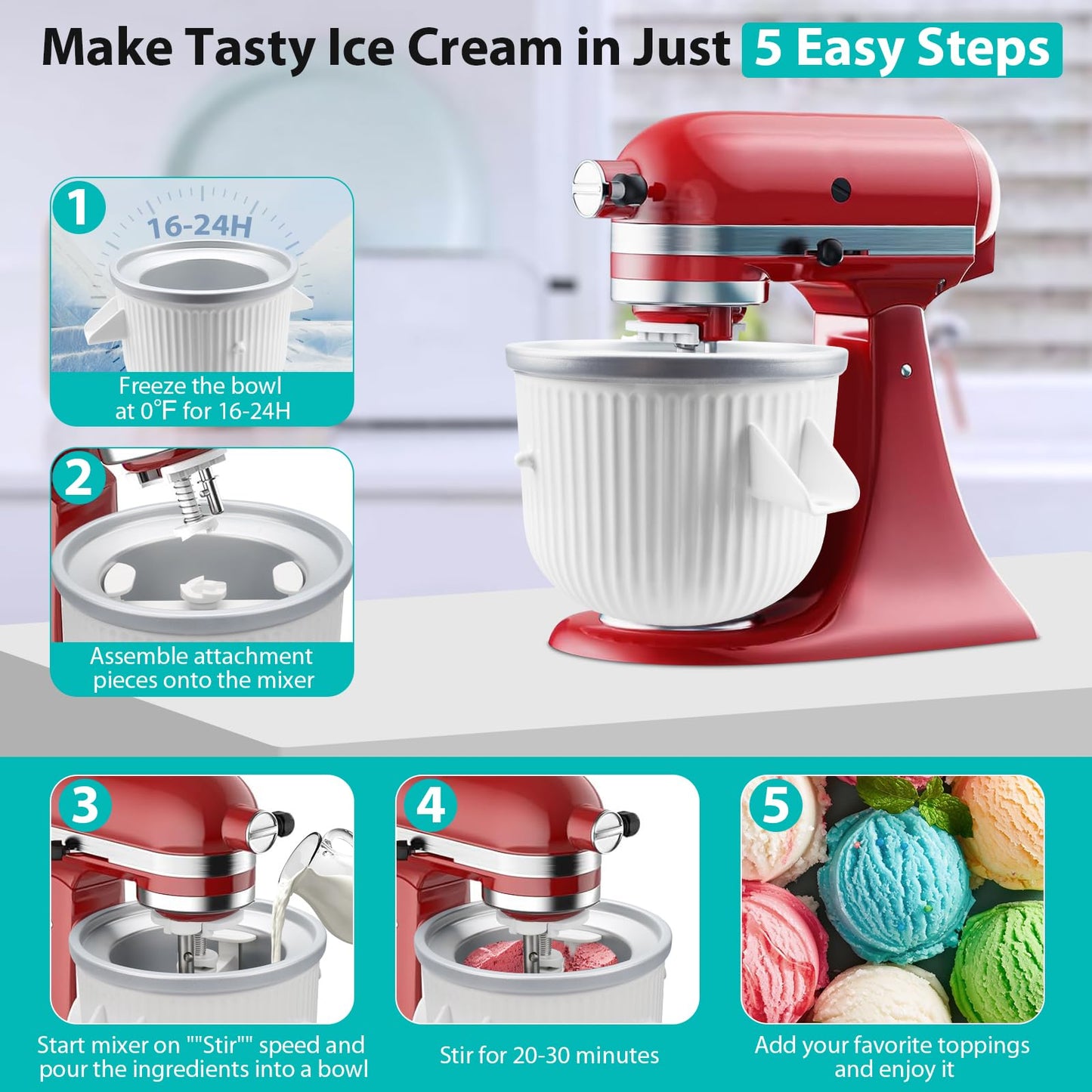 Ice Cream Maker Attachment for KitchenAid Stand Mixer, Ice Cream Bowl Compatible with 4.5Qt and Larger Stand Mixers, Ice Cream & Sorbet Gelato Maker Attachment, 2 Quart, White