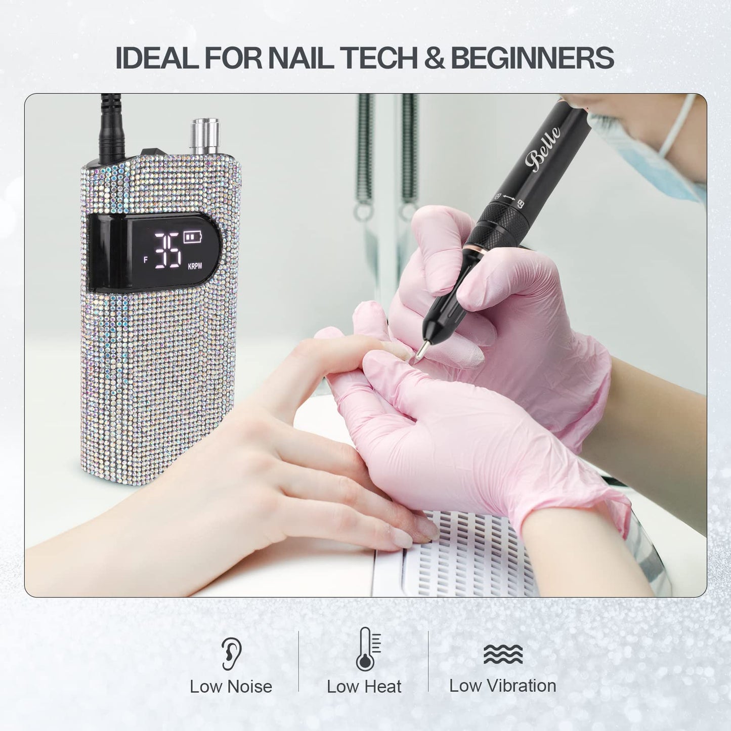 Professional Rechargeable Nail Drill Machine, Belle 35000RPM Electric Nail File Cordless Portable Nail Drill with Coreless Motor for Acrylic Nails, Manicure Pedicure Tool, Crystal Diamond