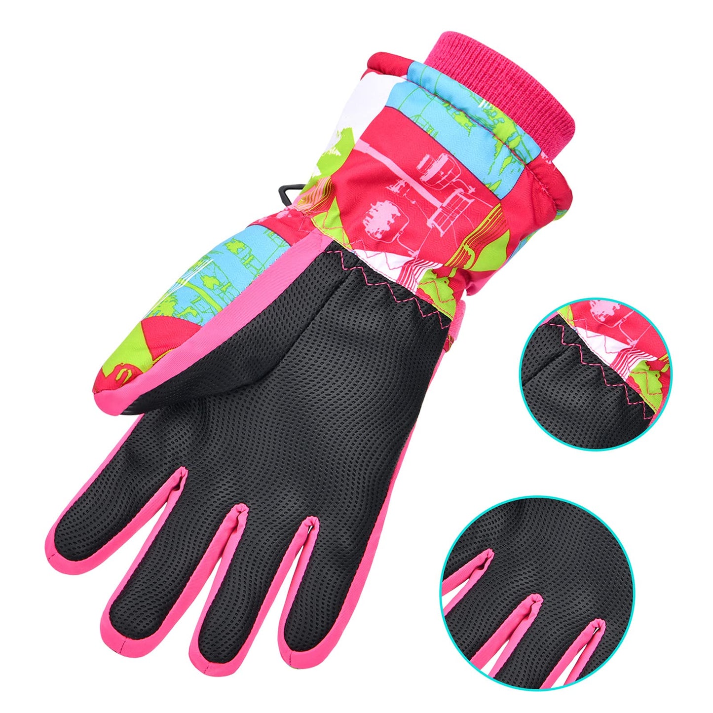 RunRRIn Ski Gloves, Waterproof Snow Gloves -30℉ Winter Gloves for Cold Weather, Warm Snowboarding Gloves - for Men, Women, Kids, Boys and Girls (Rose Red Green XS)