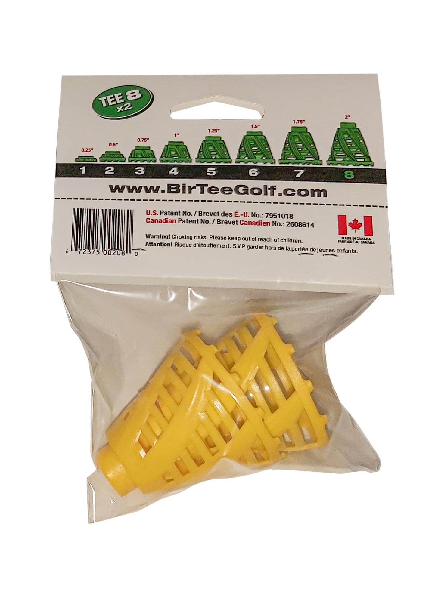 BirTee Pro Golf Tees - Size #8 (2") Individual Size Pack - 2 Tees Per Pack. Winter/Mat/Simulator Tees (Yellow)