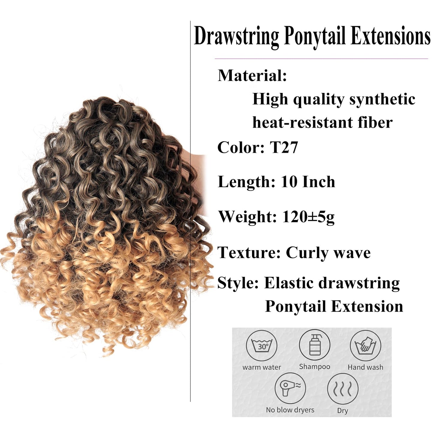 XSASLYET Ponytail Extension 10 Inch Drawstring Ponytail for Black Women Pony Tails Hair Extensions Curly Synthetic Hair Piece for Easy Daily Wear(T1B/27)