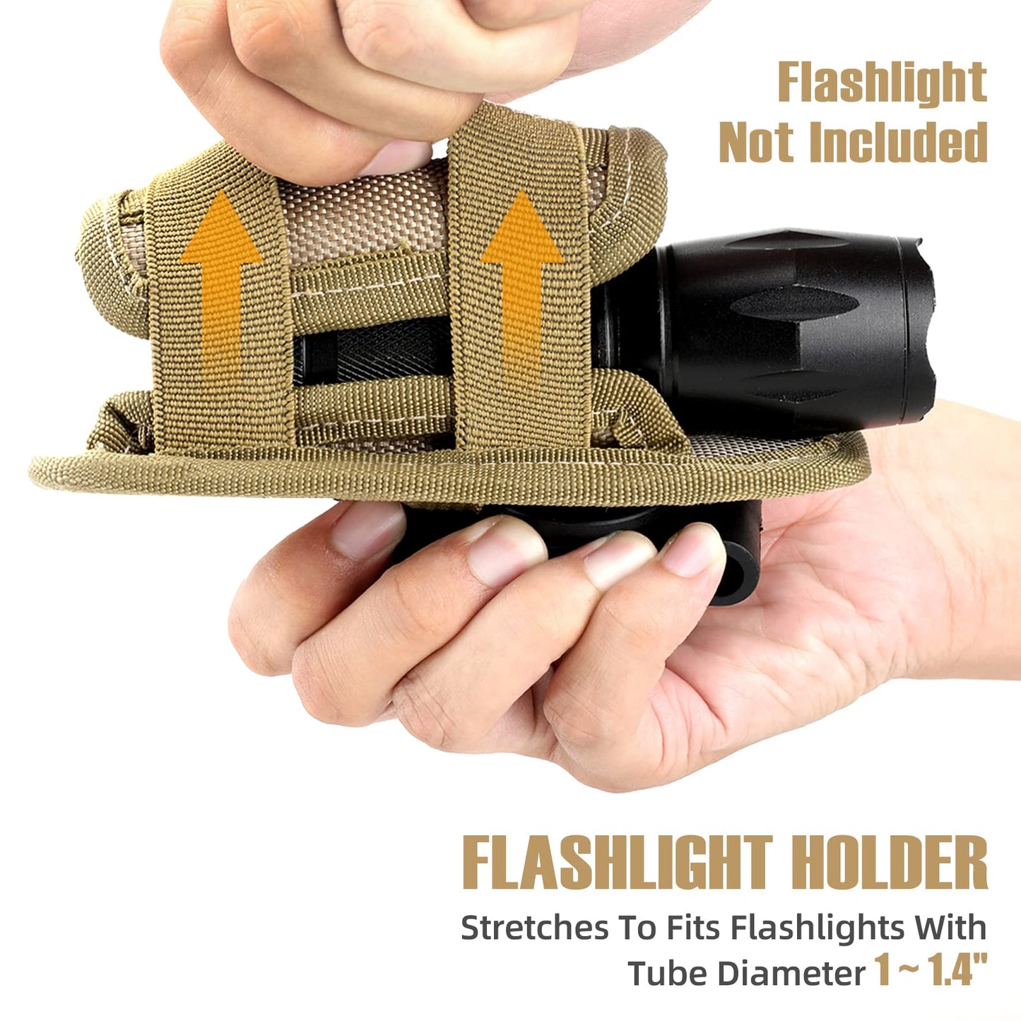 LIVANS Tactical Flashlight Pouch Holster, Rotatable Flashlight Holder Belt Clip Tactical Torch Carry Case with 360 Degree Carabiner Reel Clip Khaki