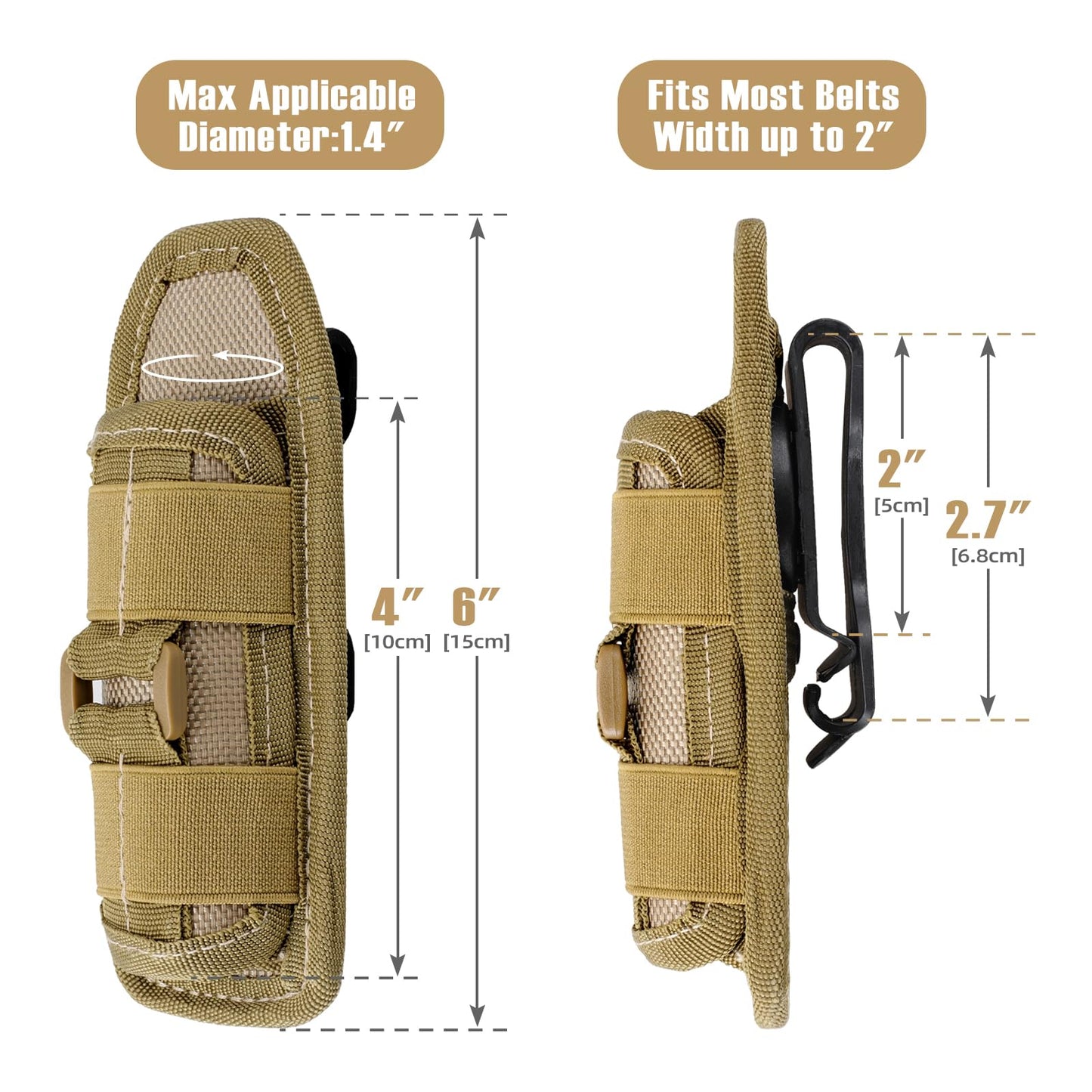 LIVANS Tactical Flashlight Pouch Holster, Rotatable Flashlight Holder Belt Clip Tactical Torch Carry Case with 360 Degree Carabiner Reel Clip Khaki