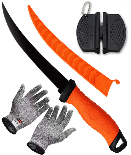 Fish Fillet Knife, 7 Inches Professional Fishing Fillet Knife Set Stainless Steel Blade in Corrosion Resistant Coating, with Sharpener and Cutting Resistant Gloves, for Fishing and Outdoor, Orange