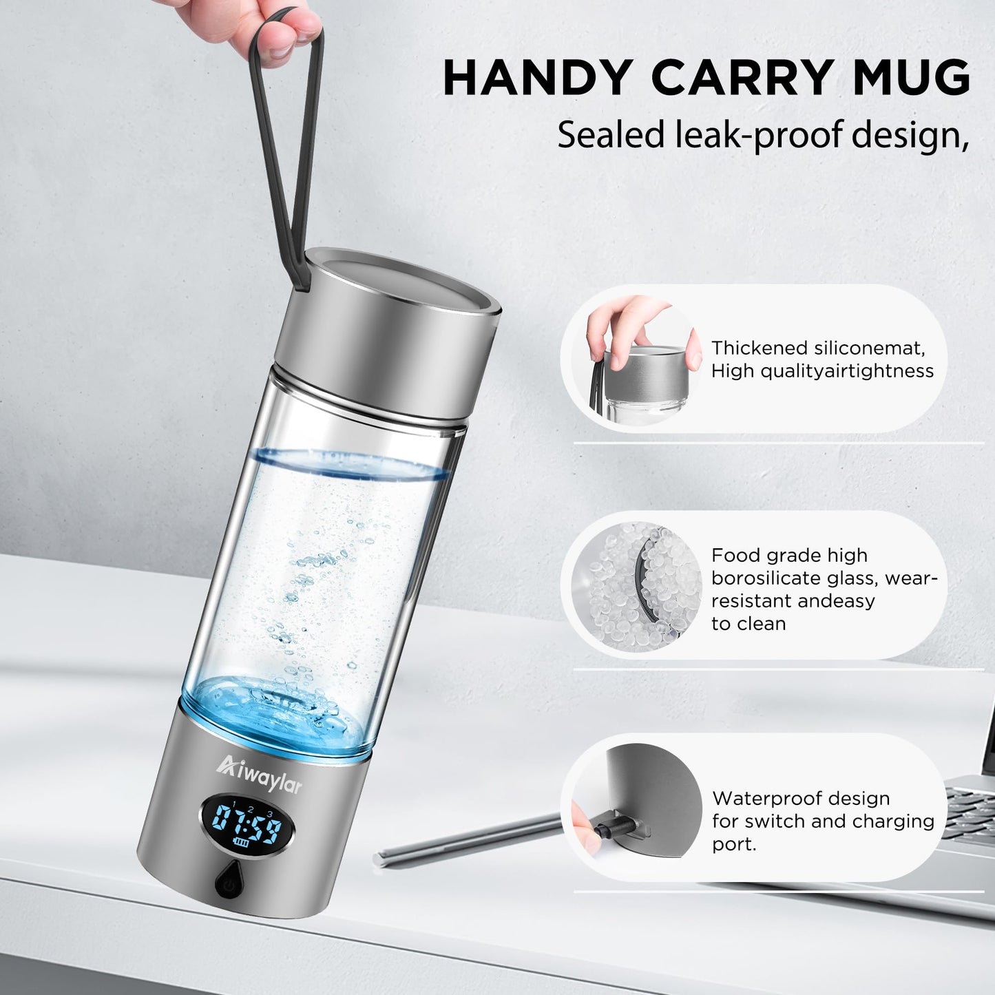 Hydrogen Water Bottle - Portable, Rechargeable, LED Timer,3 Work Mode, 5000PPB,Aluminum and Glass,360ML,Hydrogen Water Ionizer Machine with PEM/SPE Technology, Suitable for Office,Home,Gym Outdoor