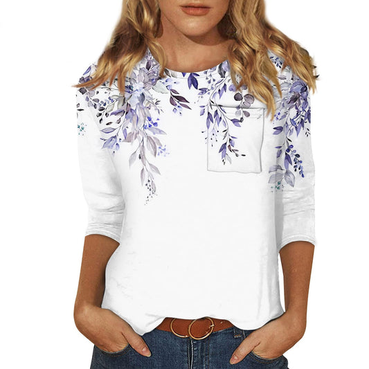 Womens 3/4 Sleeve Tops Layering Pocket Casual Crewneck T Shirts Printed Cute Ethnic Three Quarter Blouses Country Tunic Tops to Wear with Leggings Concert Outfits Womens 3/4 Sleeve T Shirts 2024