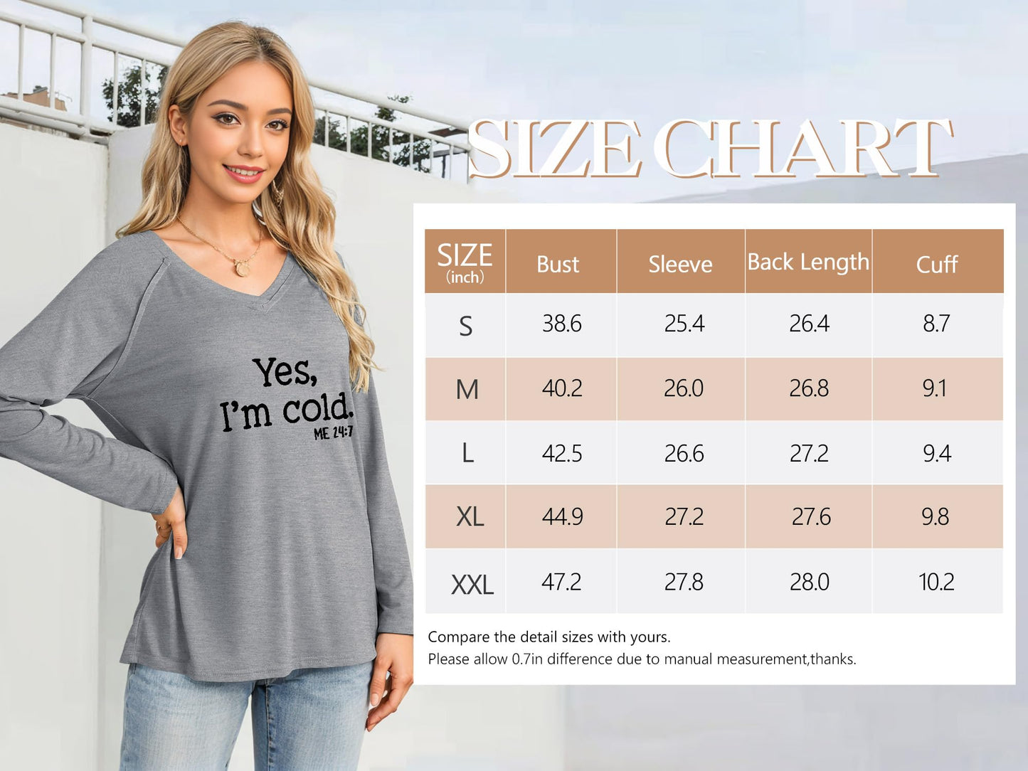 Womens Yes I'm Cold Sweatshirt V Neck Long Sleeve Shirts Casual Loose Graphic Sweatshirts Grey L