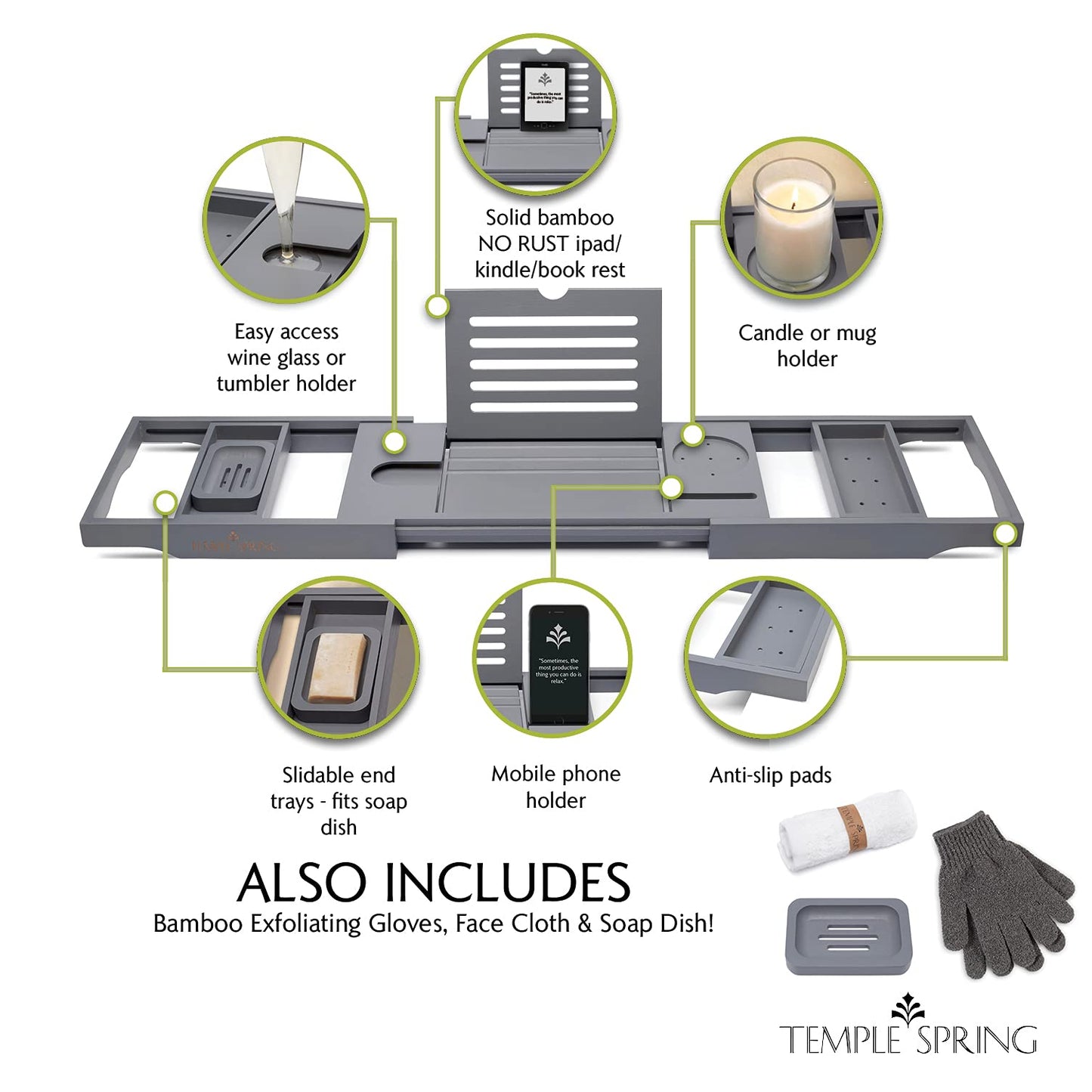 Temple Spring Wooden Bathtub Tray, Bamboo Bathroom Accessories, Bath Tray for Tub, at Home Spa Essentials, Board for Tub Table, Bath Caddy for Bathtub Accessories & Bathroom Essentials – Slate Grey