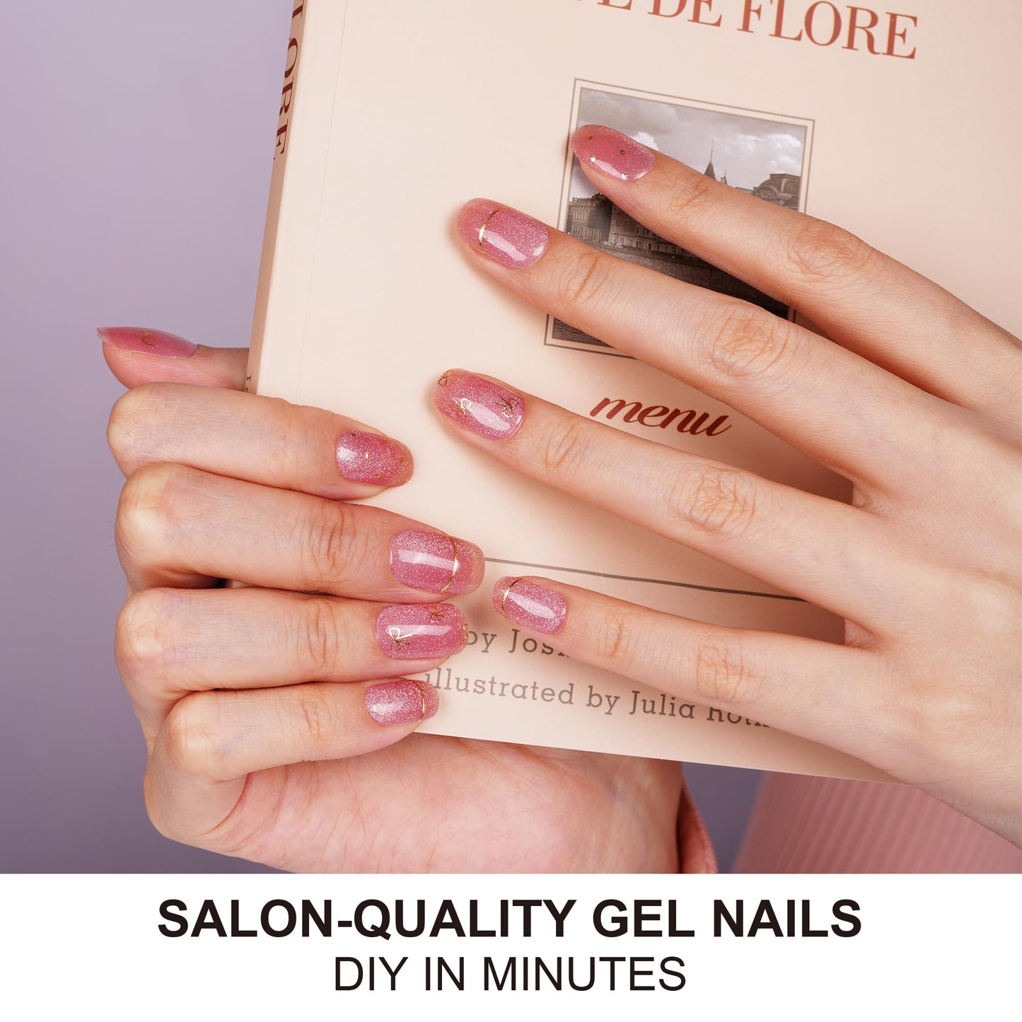 DANNI & TONI Semi Cured Gel Nail Strips Champagne Red (Royal Charm) Magnetic Cat Eye Rose Pink Gel Nail Stickers Bowknot Gel Nail Wraps 28 Stickers