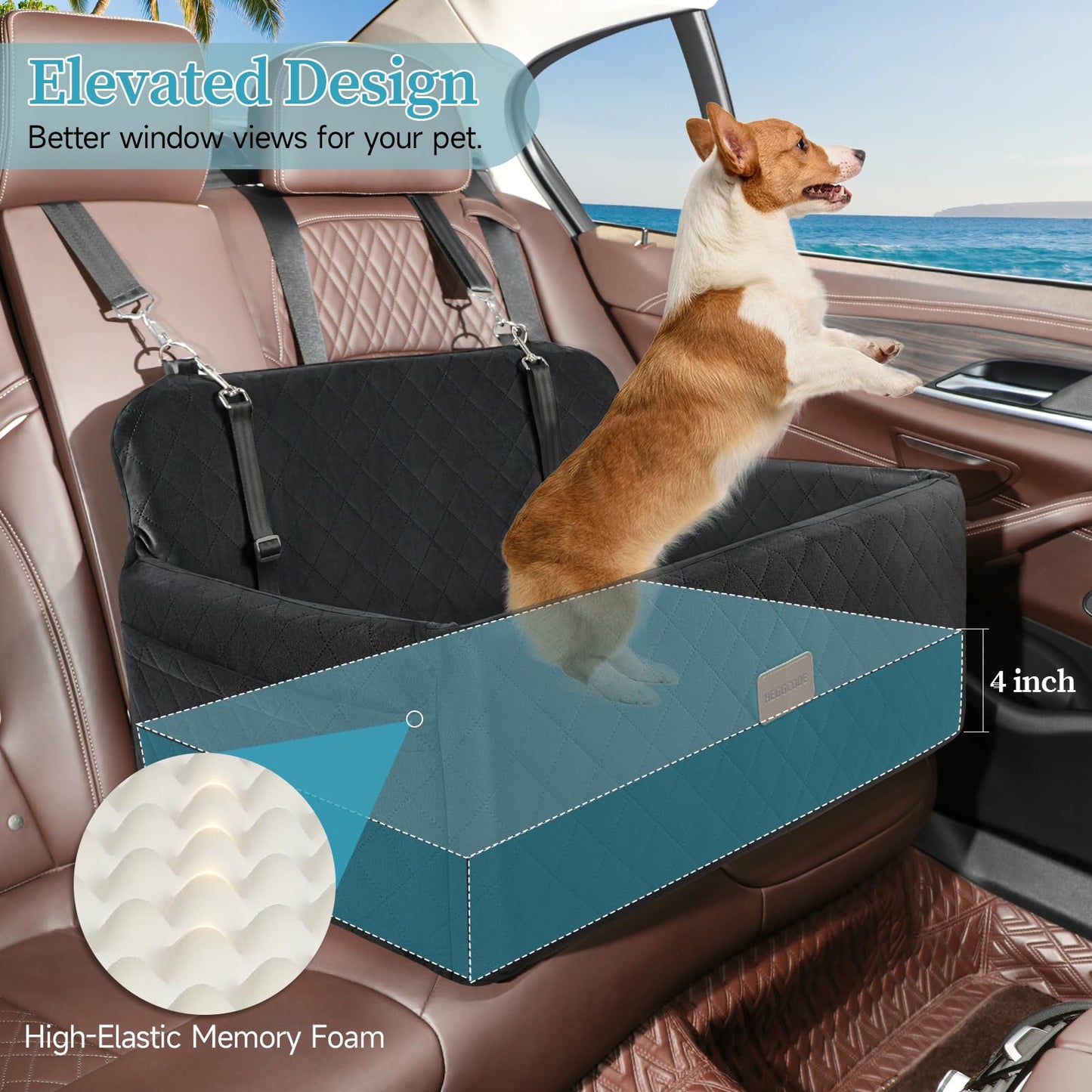 HEGGCOOE Dog Car Seat for Medium/Large Dogs, Pet Booster Seat for Under 55 lbs or 2 Small Dogs, Detachable & Washable Dog Car Bed for Backseat with 2 Safety Leashes(Black)