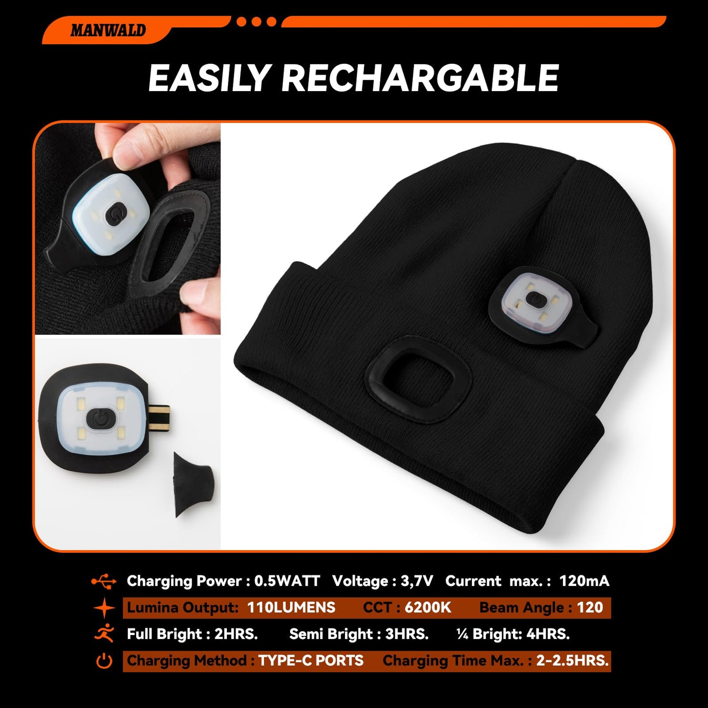 MANWALD LED Beanie Hat with Light,USB Rechargeable LED Headlamp, Gifts for Men, Christmas Stocking Stuffers Gifts for Men Him Husband, Black
