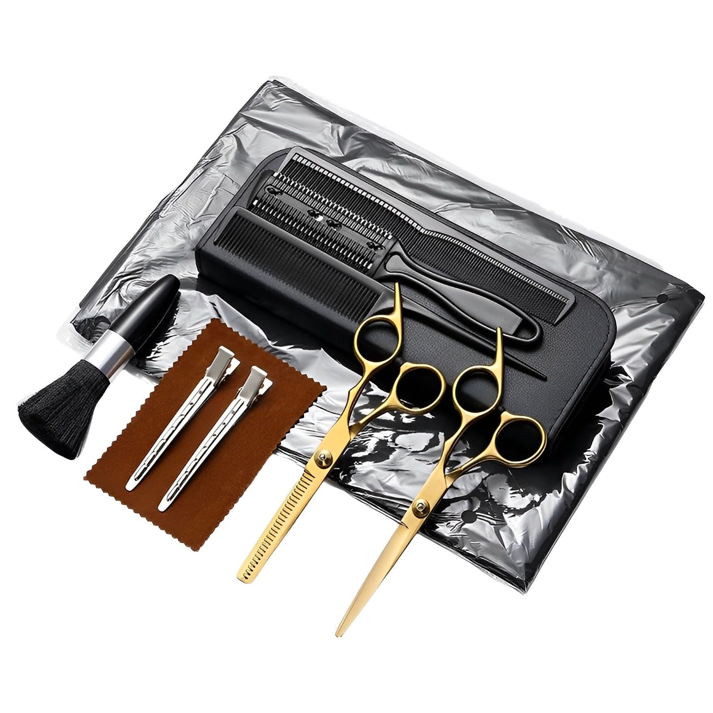 Hair Cutting Scissors Kit 11PCS, Hair Scissors Professional Haircut Scissors with Stainless Steel Hair Shears, Thinning Shears, Haircut Accessories in Leather Case for Salon/Home (Gold)
