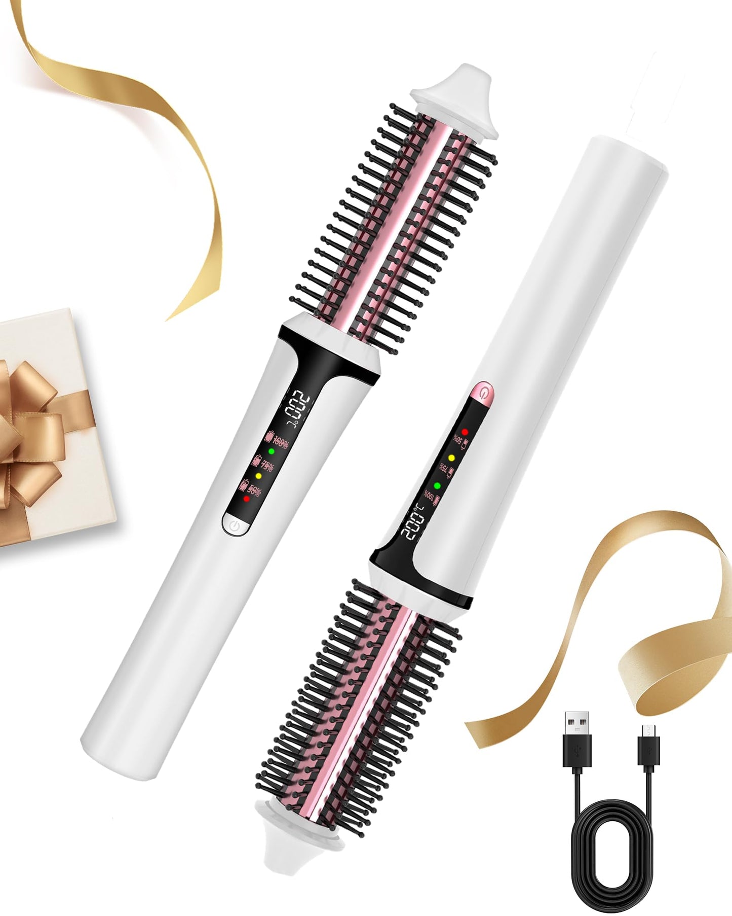 Cordless Curling Brush,4000 mAh USB Cordless Hair Curler with 3 Temp Setting Mini Travel Curling Iron Rechargeable, Ceramic Battery Powered Curling Iron