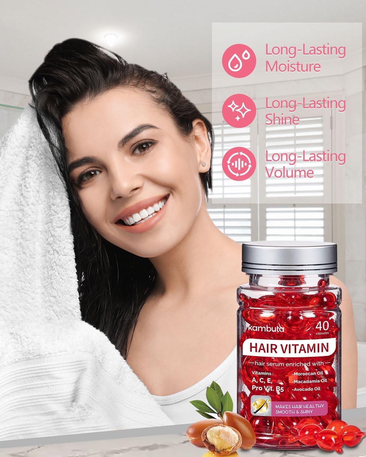 Kambuta Hair Serum: No Rinse Hair Treatment for Frizzy and Dry Damaged - Enriched Vitamin A C E Pro B5 Moroccan Macadamia Avocado Oils - Hair Vitamin Repair for Women Men