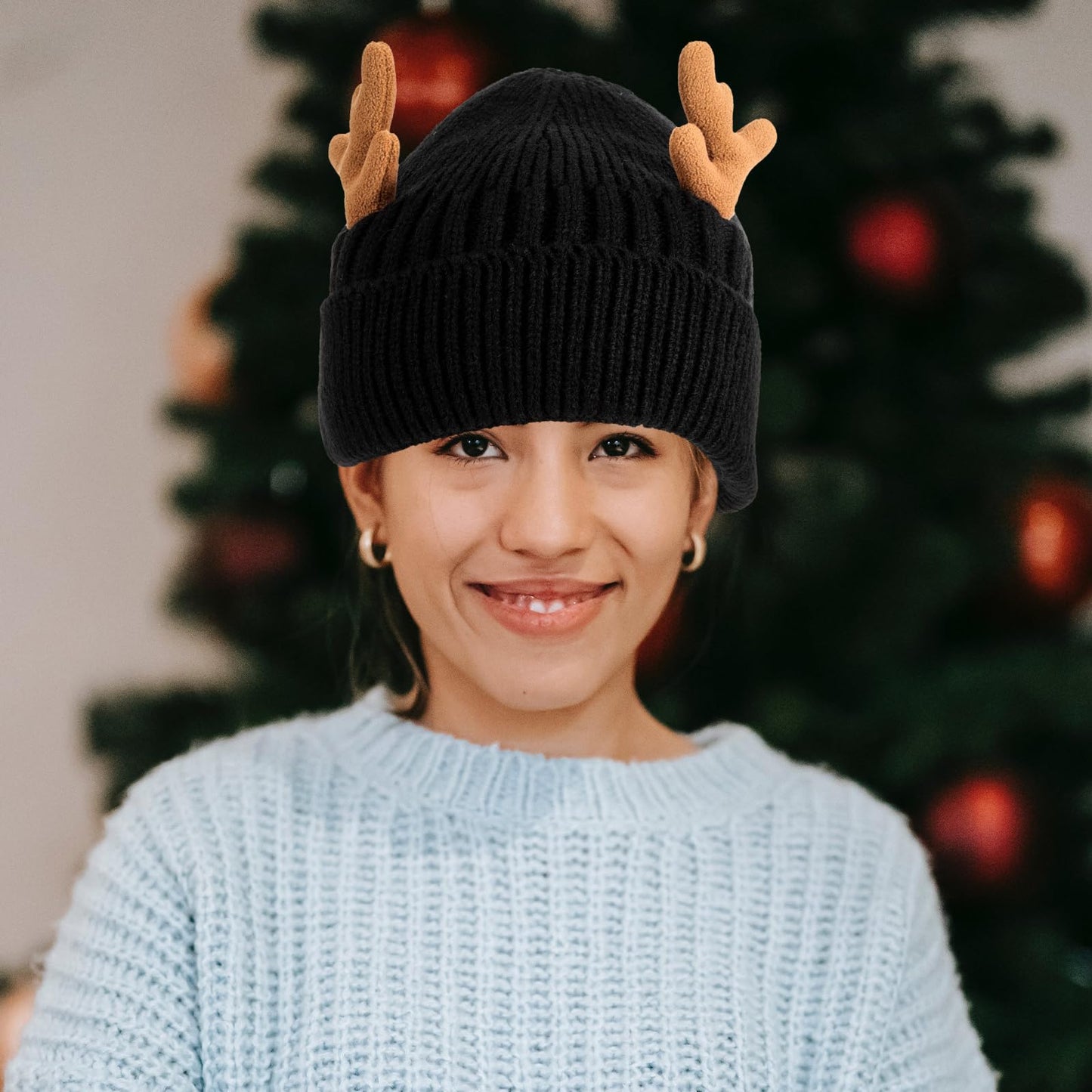 MAGICLULU 1 Pack Reindeer Beanie Antler Warm Cap Christmas Knitted Beanie Hat for Adults Women Adults(Black)