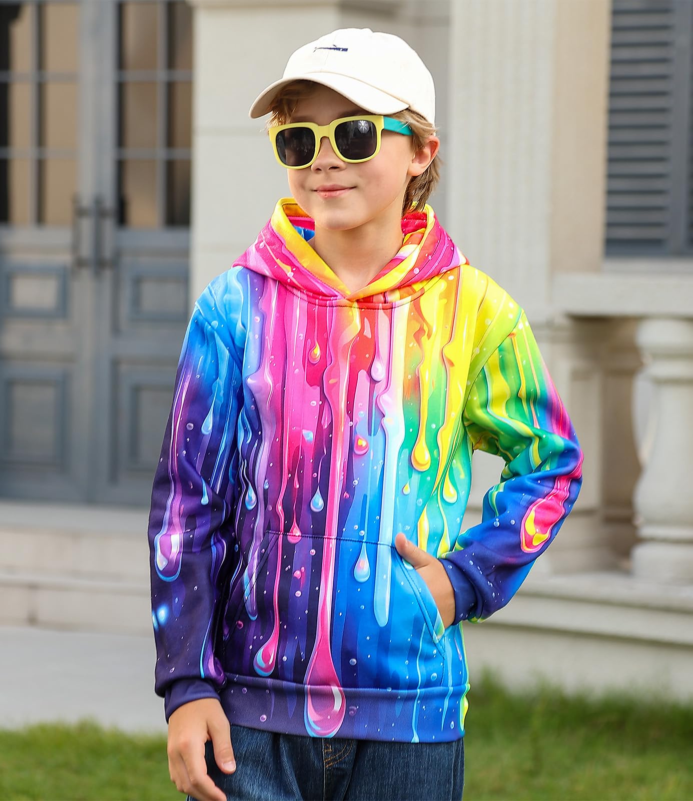 UNICOMIDEA Hoodies For Boys Kids Sweatshirt 3D Print Drop Pattern Long Sleeves Hooded Pullover Tops With Pocket Autumn Winter Warm Wear 9-10 Years Party Vacation