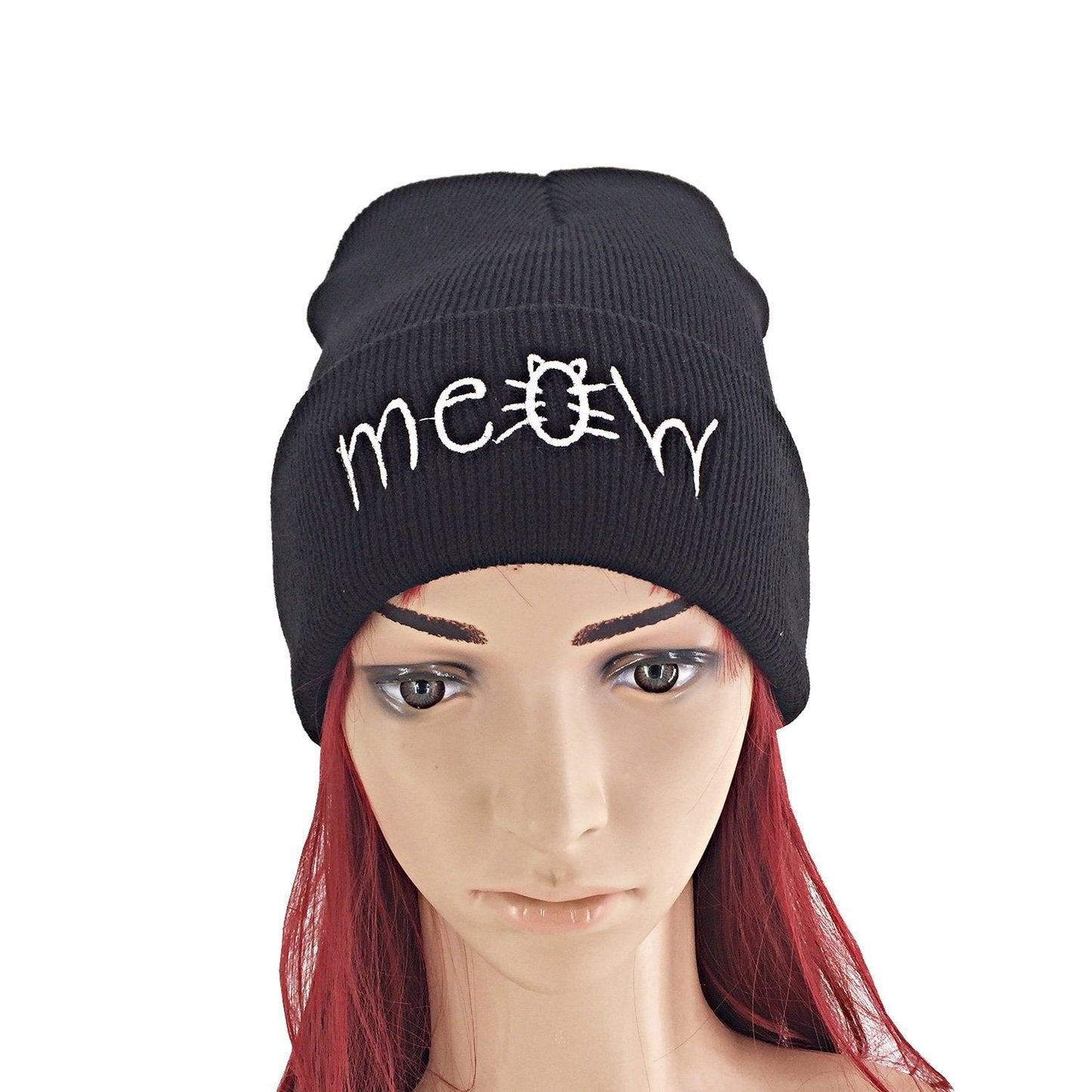 Black Cute Cat Beanie Knit Winter Hats for Women Girls Teens Slouchy Skull Caps