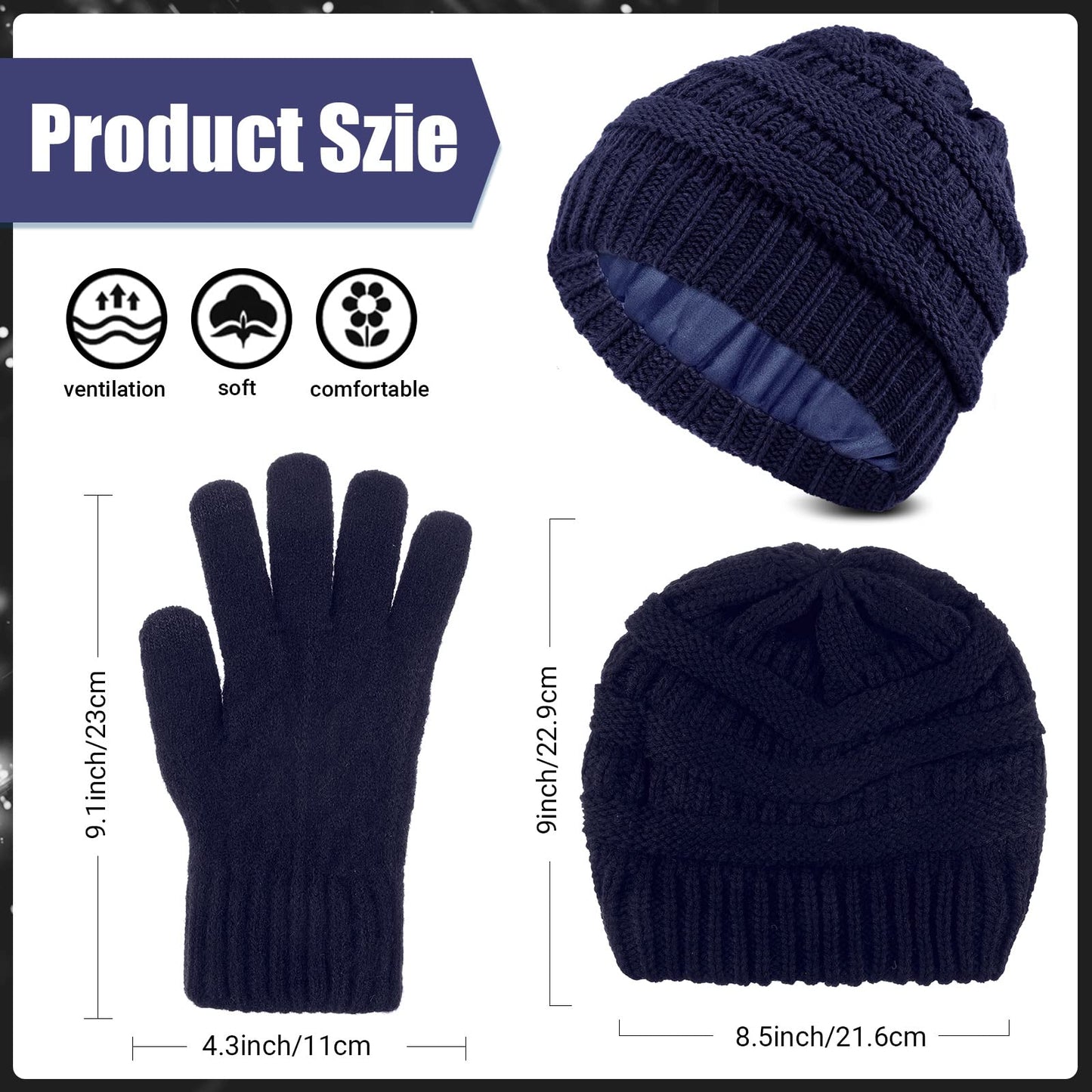 Winter Knit Beanie Hat Touchscreen Gloves Set, Soft Slouchy Skull Cap Gloves Set for Men Women Cycling Biking, 2 Sets (Navy Blue, Light Gray)