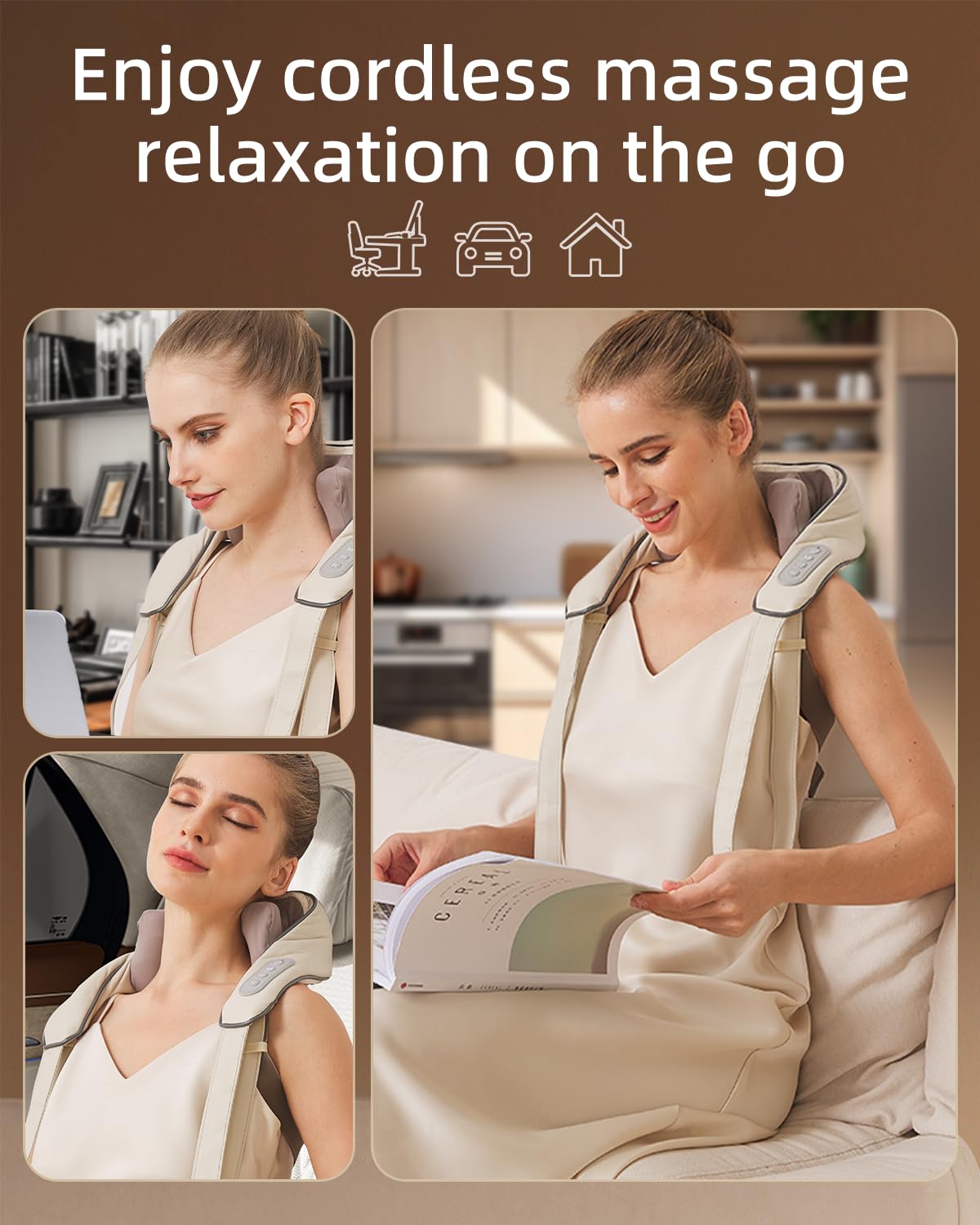 PERLEVI Neck Massager for Pain Relief deep Tissue Relieves Tension Kneading Massager with Heat Improves Circulation Eases Muscle Soreness,Ideal Gifts(Beige)