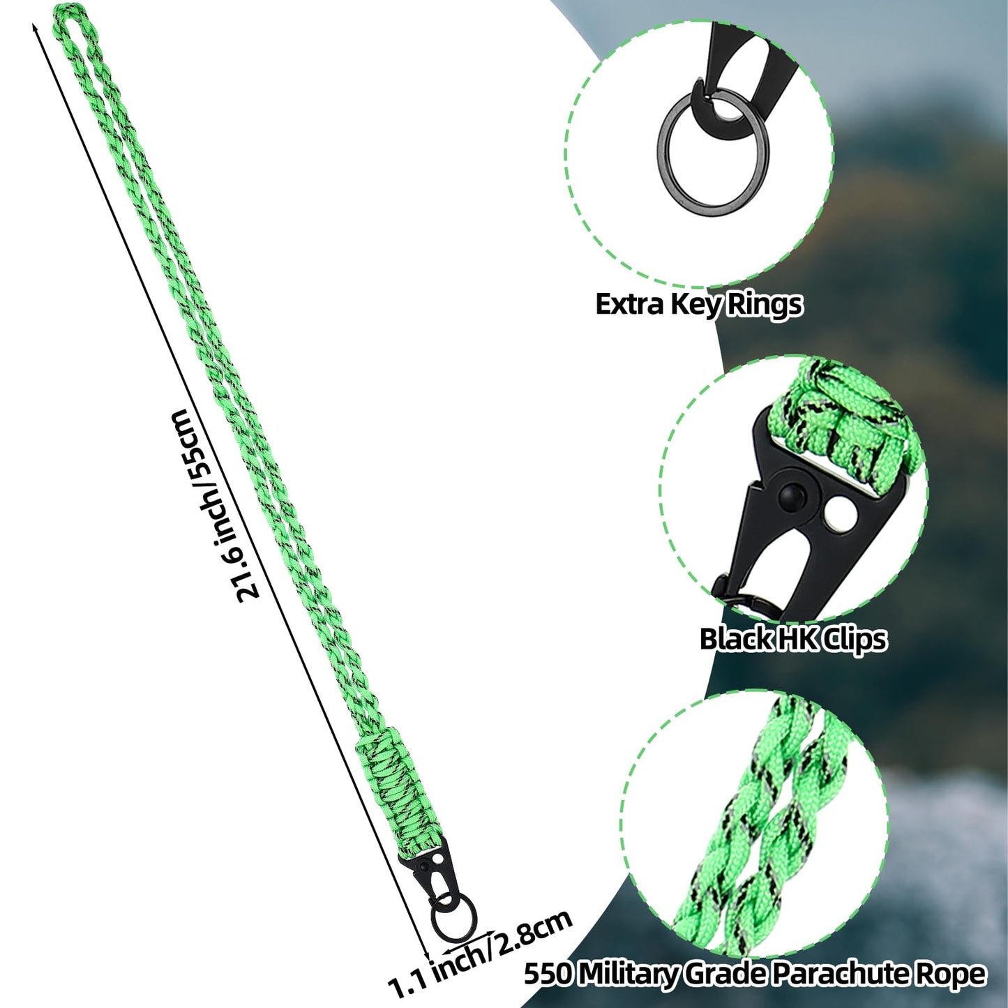 Frienda 2 Set Heavy Duty Paracord Lanyard Necklace Whistles Strap Braided 550 Keychain Lanyard for Outdoor Activities (Neon Green)