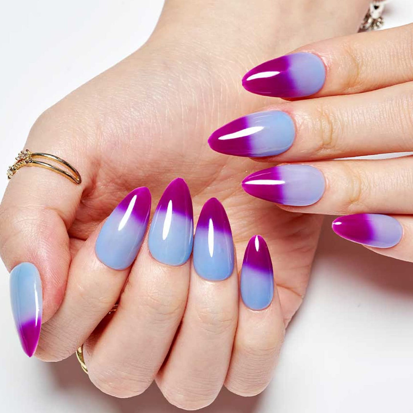 GLAMERMAID Press on Nails Medium Almond, Handmade Purple Blue Temperature Change Gel Glue on Nail, 24Pcs Glossy Short Stiletto Reusable UV Finish Fake Nails Acrylic False Nails Manicure Kits for Women