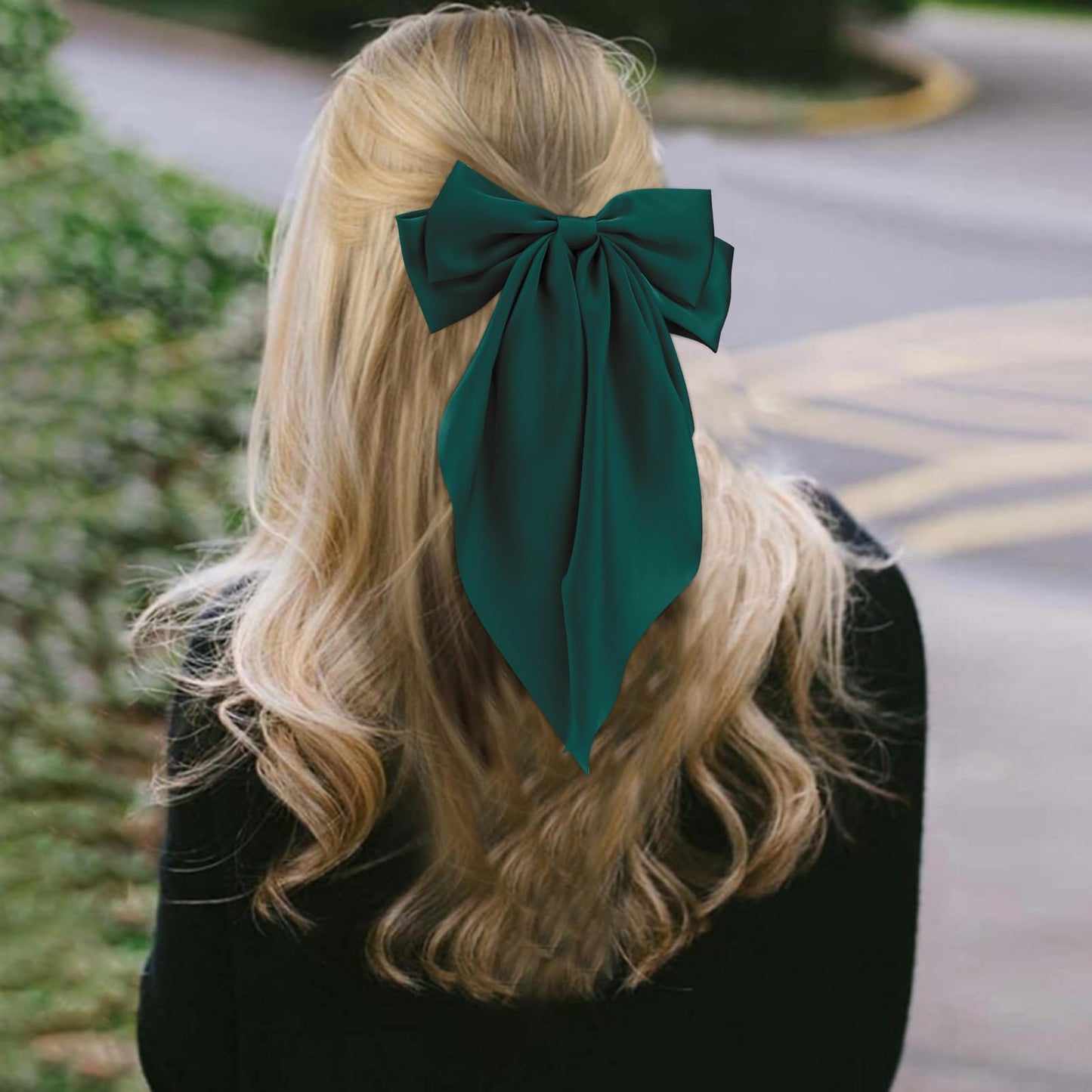Canitor Dark Green Hair Bows for Women Hair Accessories for Christmas Halloween St. Patrick's Outfit Dress Shirts Barrettes Clip Large Silky Satin Bows