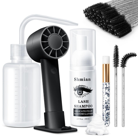 Shmian Professional Eyelash Shampoo & Cleanser 60ml - Gentle Lash Extension Cleansing Foam with Mascara Brush Kit, Handheld Fan - Safe Lash Bath Care for Long-Lasting Volume (Black Fan kit)