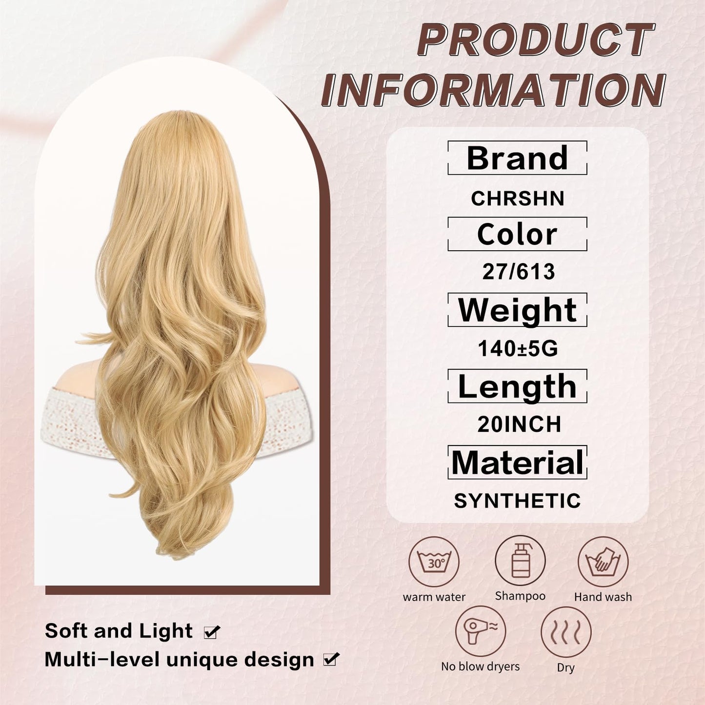 CHRSHN Blonde Ponytail Extension, 20 Inch Drawstring Ponytail Extension for Women Long Blonde Wavy Layered Pony Tails Hair Extensions Synthetic Clip in Ponytail Hairpiece for Women(27/613)