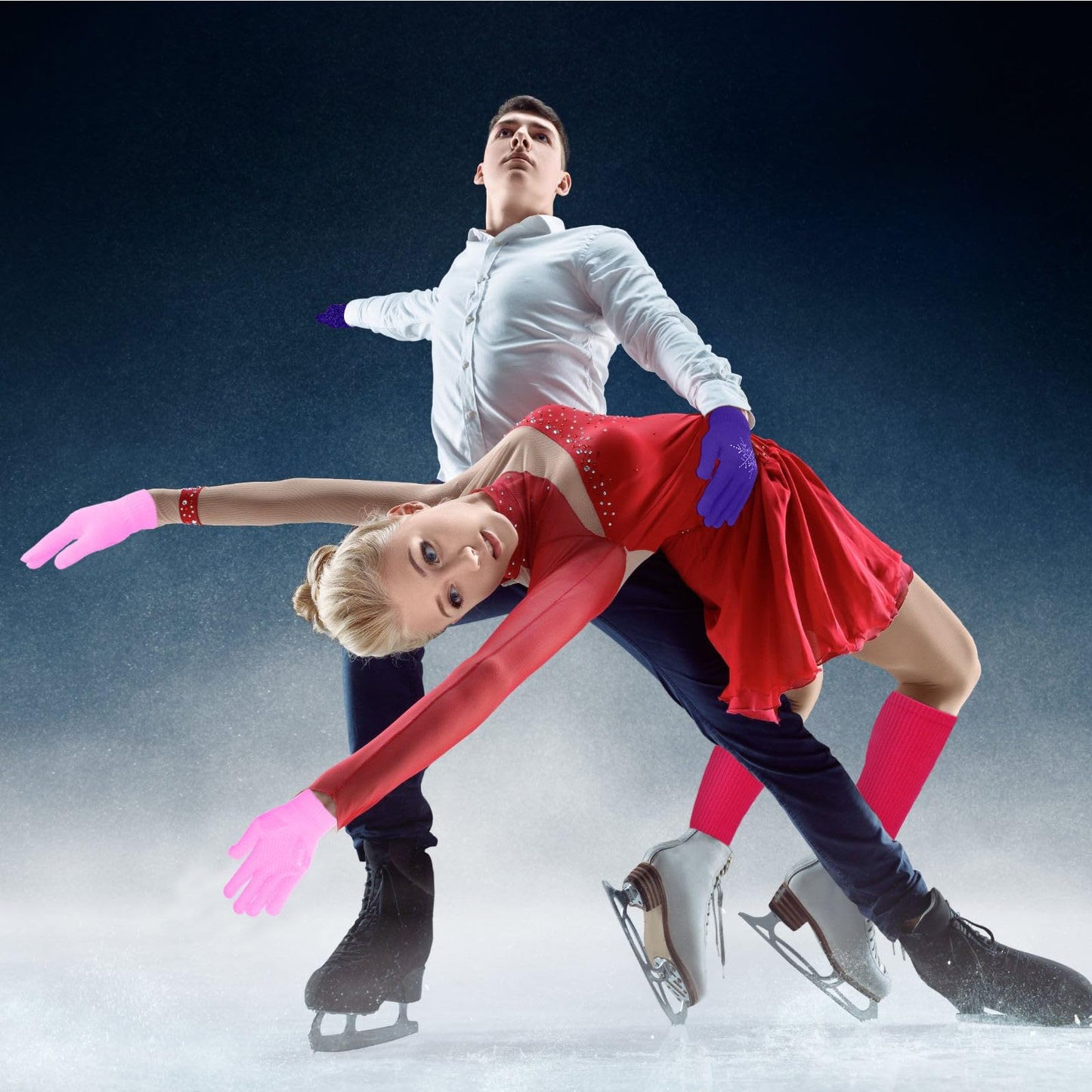 Hicarer 6 Pairs Figure Skating Gloves Socks Set Ice Skating Socks Anti Slip Gloves with Rhinestone Snowflakes Warm Winter Mitten Knit Gloves for Practice Competition (Purple, Skin Color, Pink)